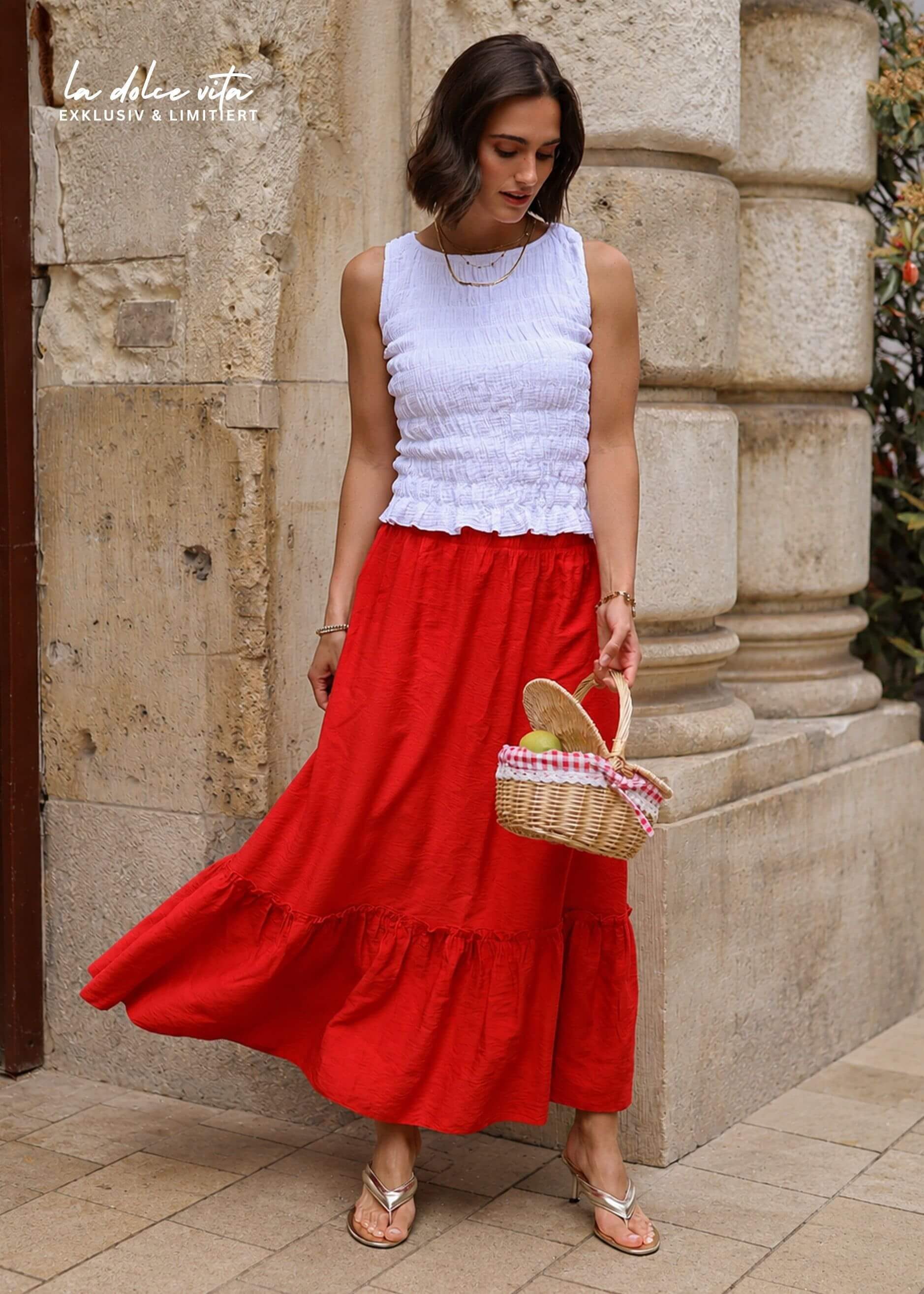 SASSYCLASSY Maxirock Maxi Rock mit Volant für Damen Femininer Rock mit bequemen Bund und schiwngendem Schnitt Rot