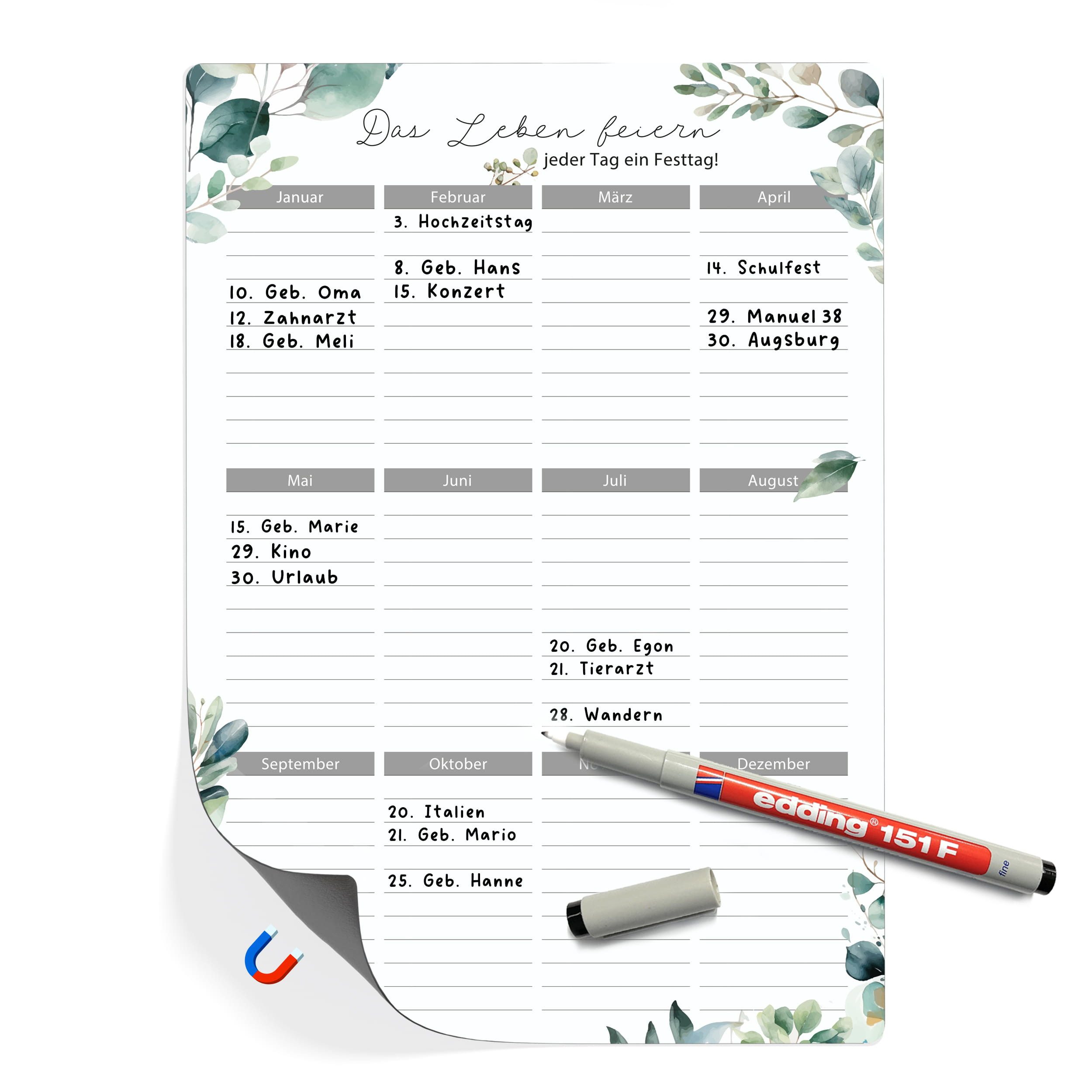 TOBJA Geburtstagskalender Geburtstagskalender magnetisch A4 immerwährend abwischbar inkl Stift, magnetisch, immerwährend, abwischbar, inkl. Stift, Eukalyptus-Design