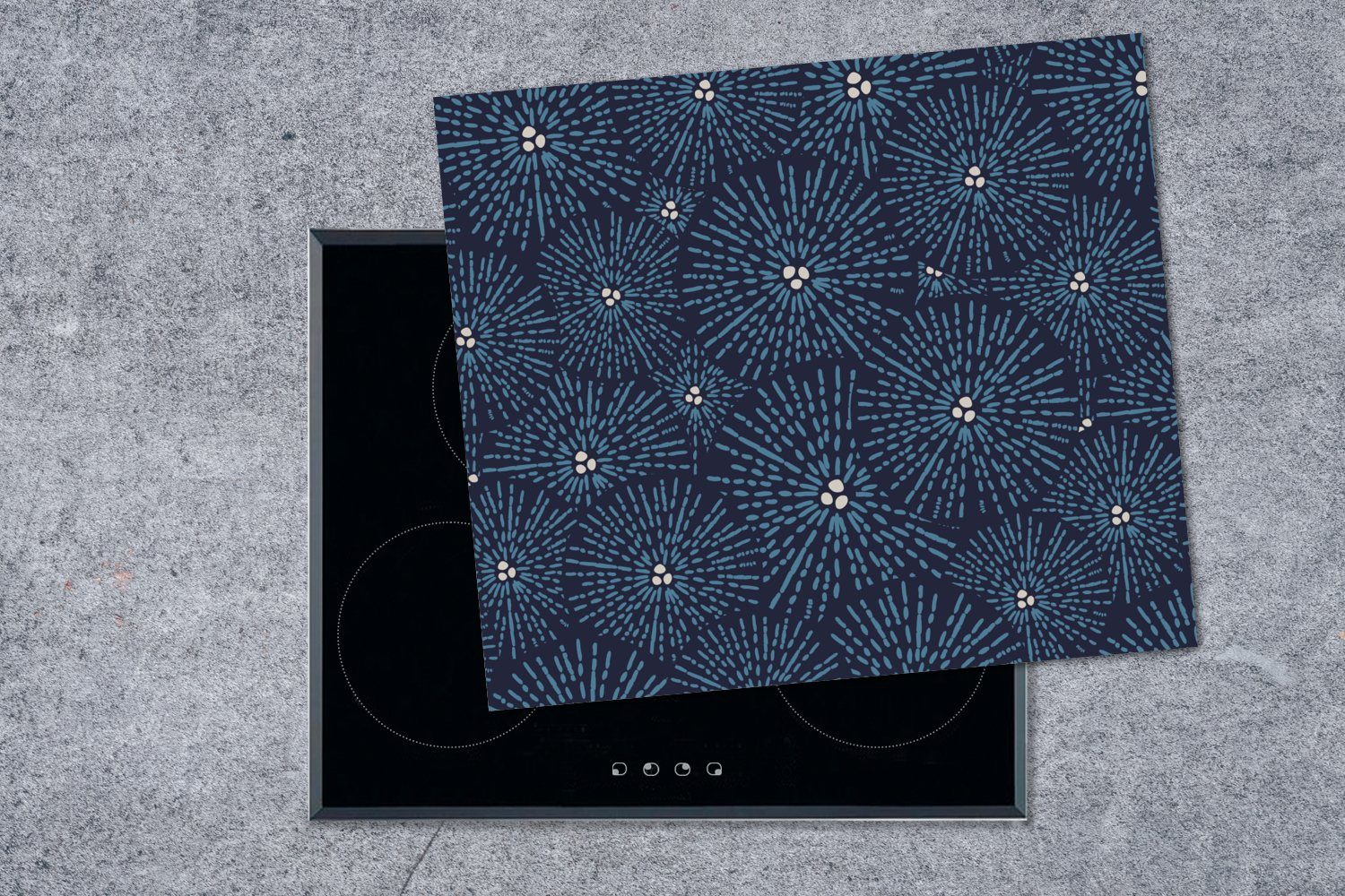 - tlg), 60x52 (1 Herdblende-/Abdeckplatte Blau - Mobile MuchoWow cm, Vinyl, nutzbar, - Arbeitsfläche - Blumen Muster Japanisch Ceranfeldabdeckung Weiß,