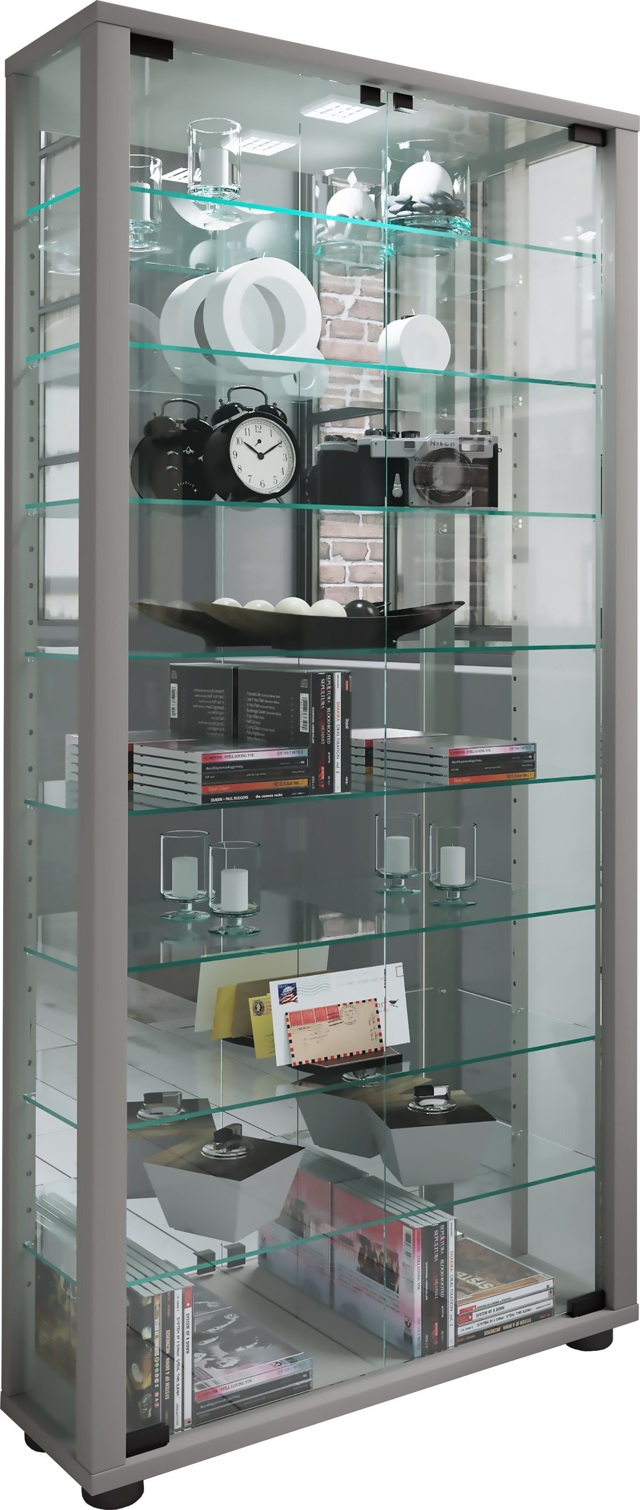VCM Standvitrine Glasvitrine Lumo mit Glastüren, Spiegel und Glasvitrine stehend, Modern und platzsparend, Glasschrank