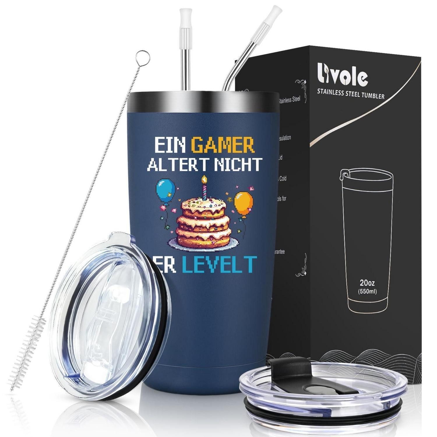 LuxusKollektion Thermobecher Thermobecher 600ml Navy Blau - Gamer Level Up, Metall