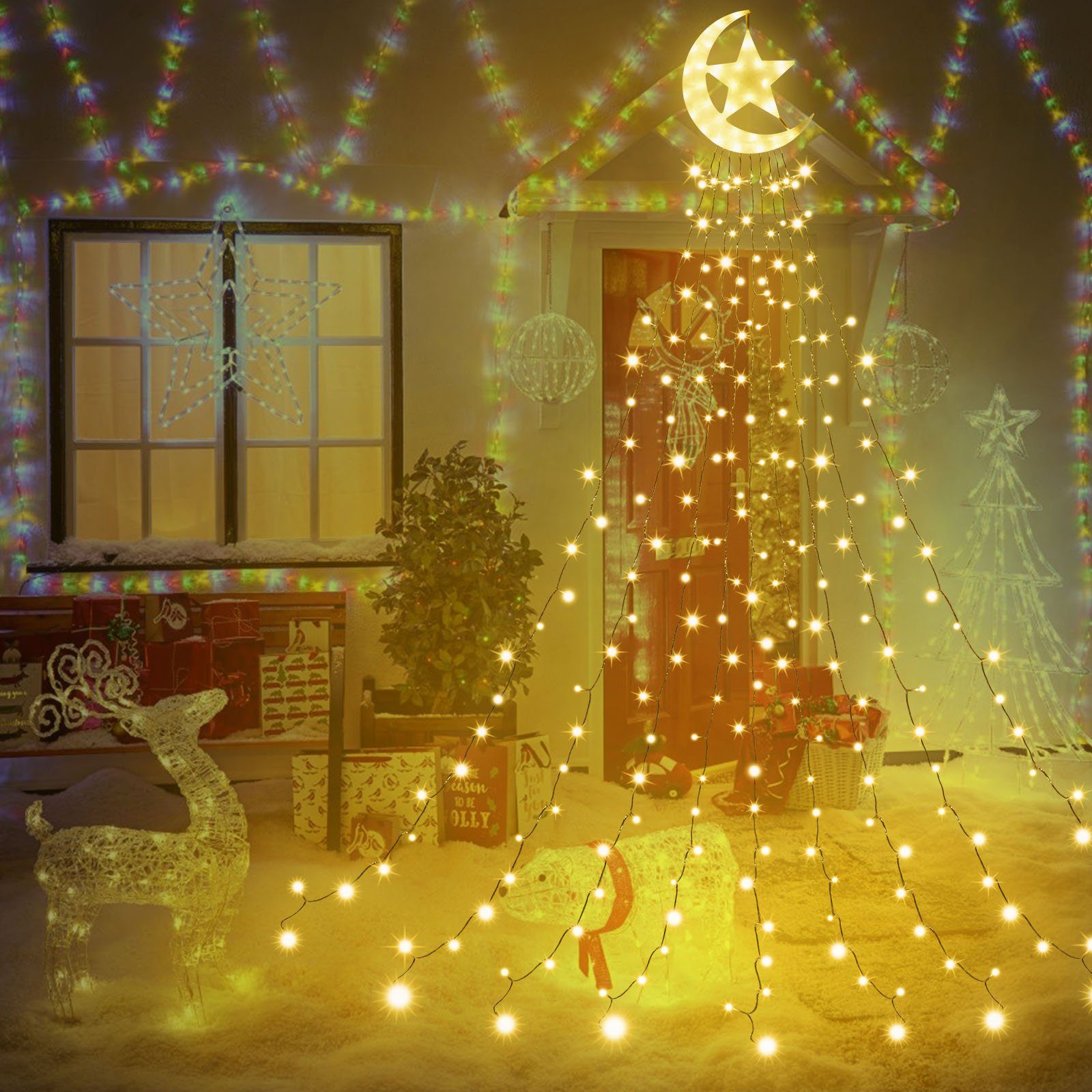 Weiß Lichterkette, Weihnachtsbaum Warmes Star,Christbaumbeleuchtung,8-Modi,Timer,IP44 350-flammig, LED-Lichterkette,Christbaumbeleuchtung,LED mit Topper Laybasic Moon LED-Lichterkette
