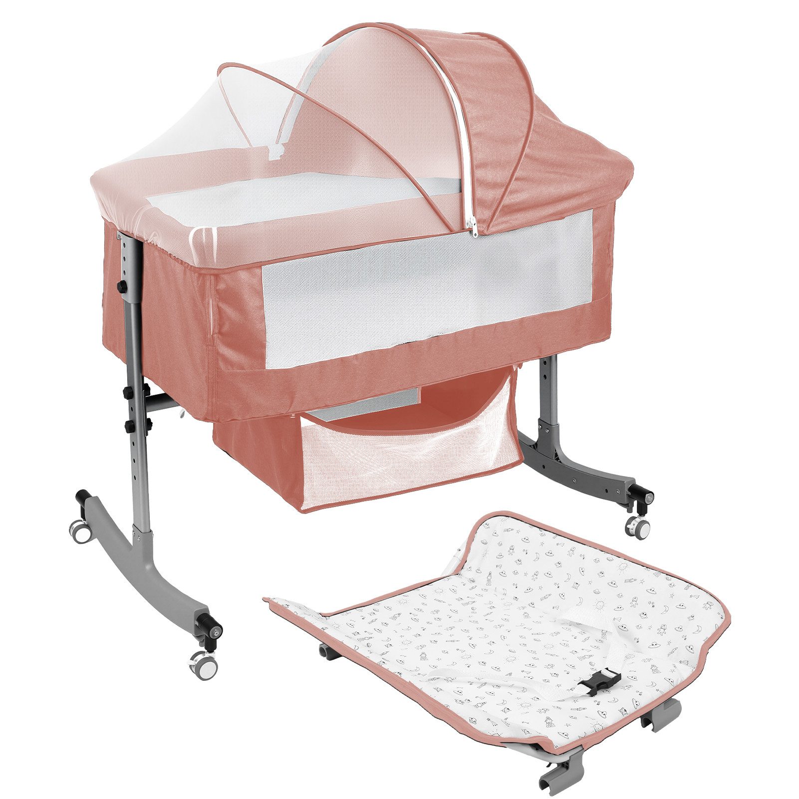 Rutaqian Beistellbett Beistellbett Baby 4in1 mit Wickelaufsatz, höhenverstellbar, Co-Sleeper, Mit Wickelaufsatz, Stauraum, Moskitonetz und flexibel mobil nutzbar