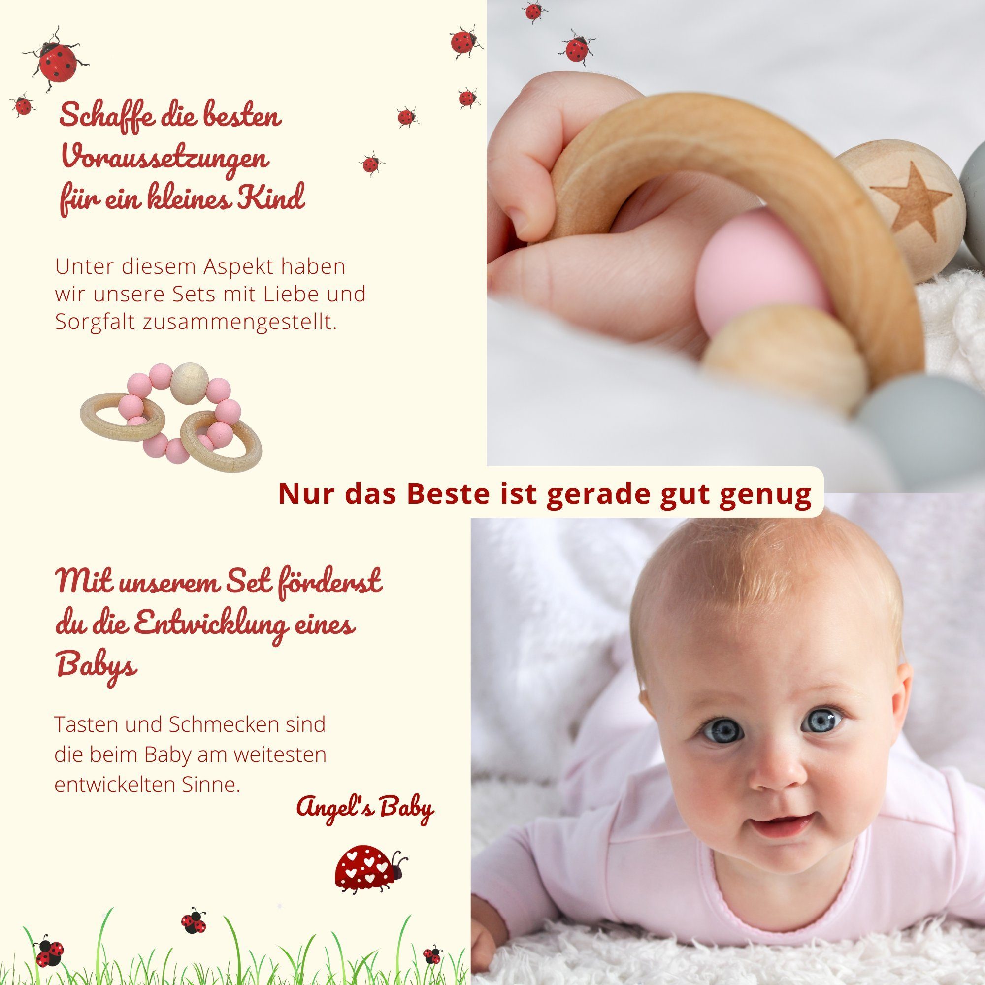 Angel's Baby Neugeborenen-Geschenkset in Blau Design 5 gratis mit zur Grußkarte, Babyrassel Teile (Set, und Schnuffeltuch, niedlichem Beige Geburtskarte) + Geschenk Geburt Baumwolle, mit Geschenkverpackung 5-tlg