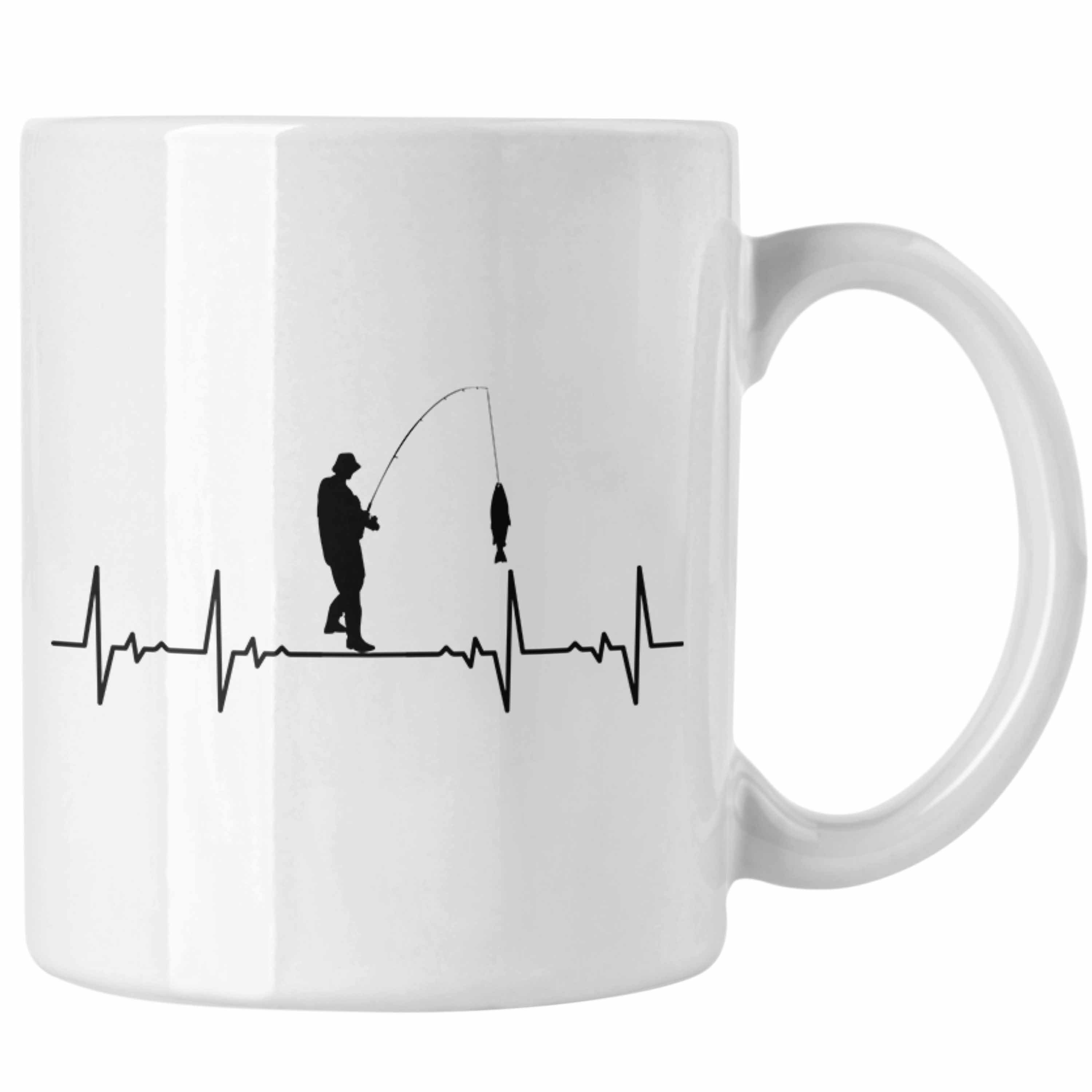 Trendation Tasse Trendation - Lustiger Spruch Angeln Herzschlag Fischen Geschenkidee zum Fischer Angeln Weiss Tasse