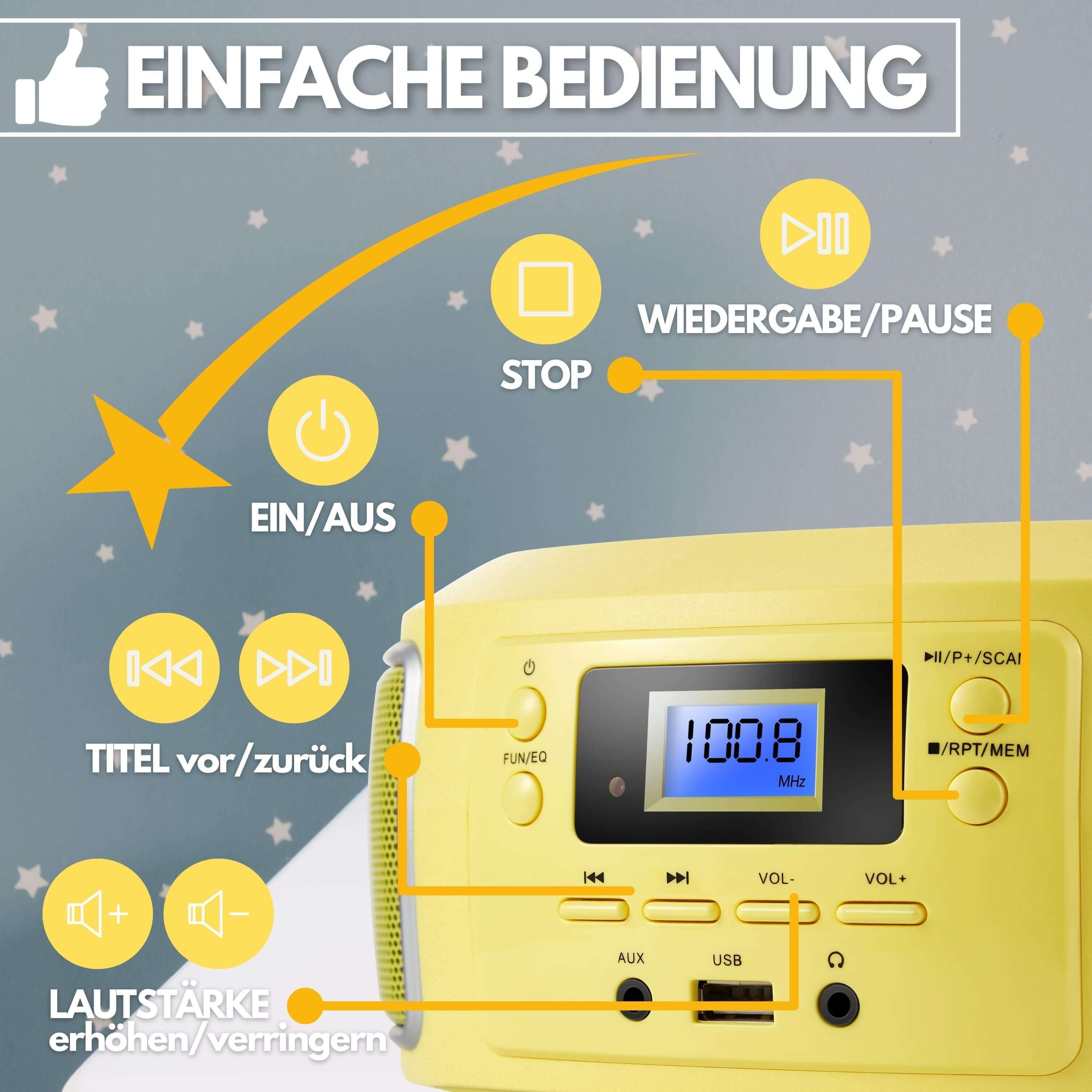 Cyberlux CL-950 tragbarer CD-Player (CD, Kinder CD Player tragbar, Boombox, Musikbox, FM Radio mit MP3 USB)