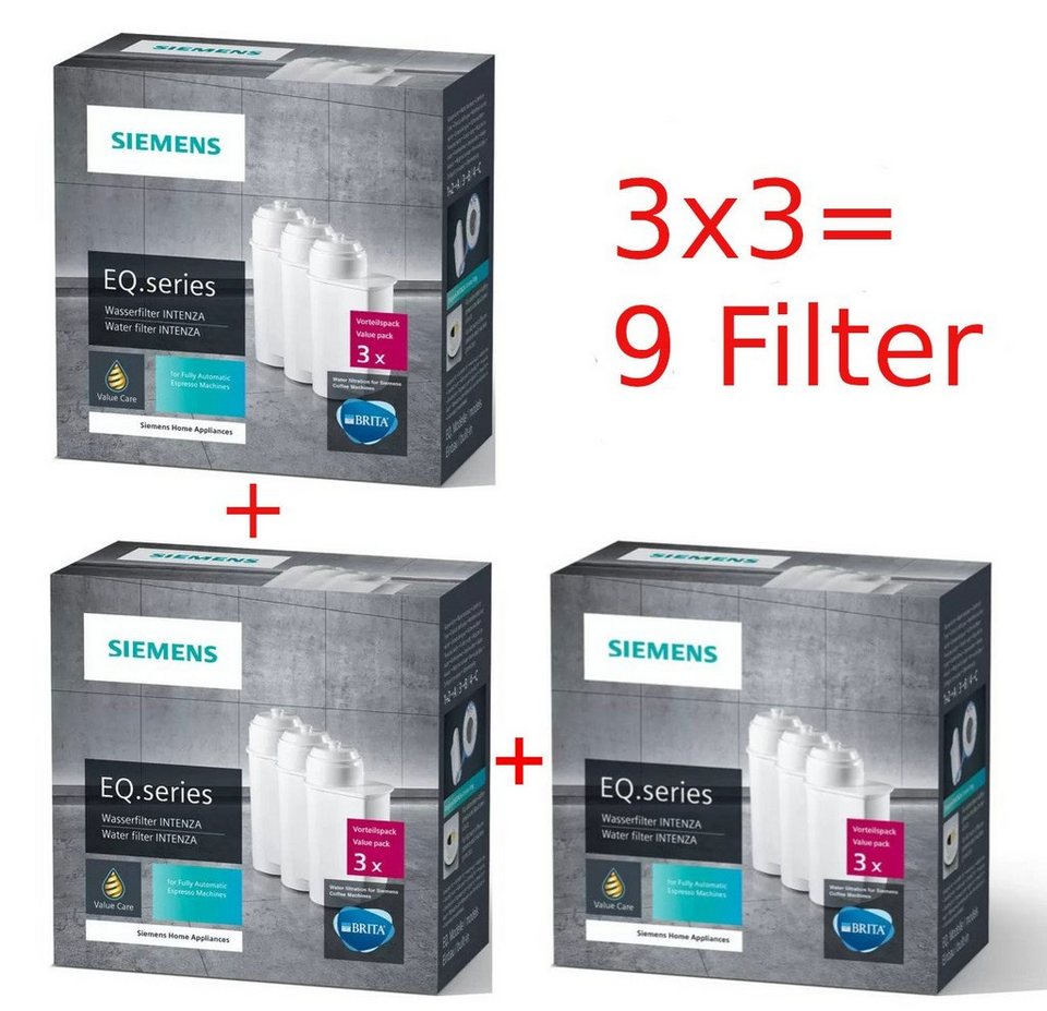 SIEMENS Reinigungskartusche TZ70033, Zubehör für alle Siemens  Kaffeevollautomaten der EQ Reihe: EQ.300, EQ.500, EQ.6, EQ.700, EQ.9 Plus  und Einbauvollautomaten, BRITA Intenza Wasserfilter (9er Pack)