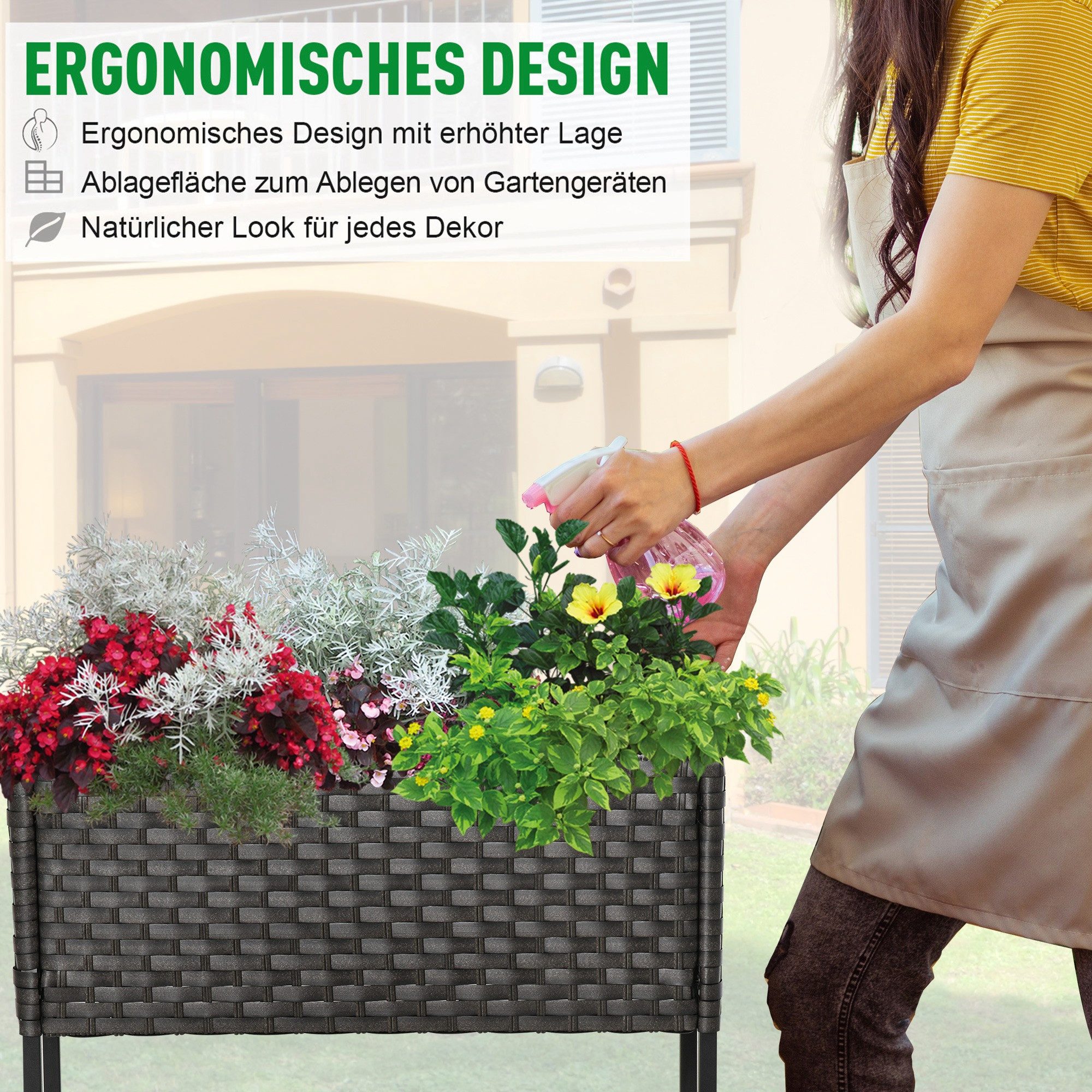 Outsunny Blumenkasten Poly Rattan Hochbeet mit Füßen und Ablage Sand (Blumenkasten, 1 St., Pflanzenkasten), für Balkon, Garten – Bild 5 von 5