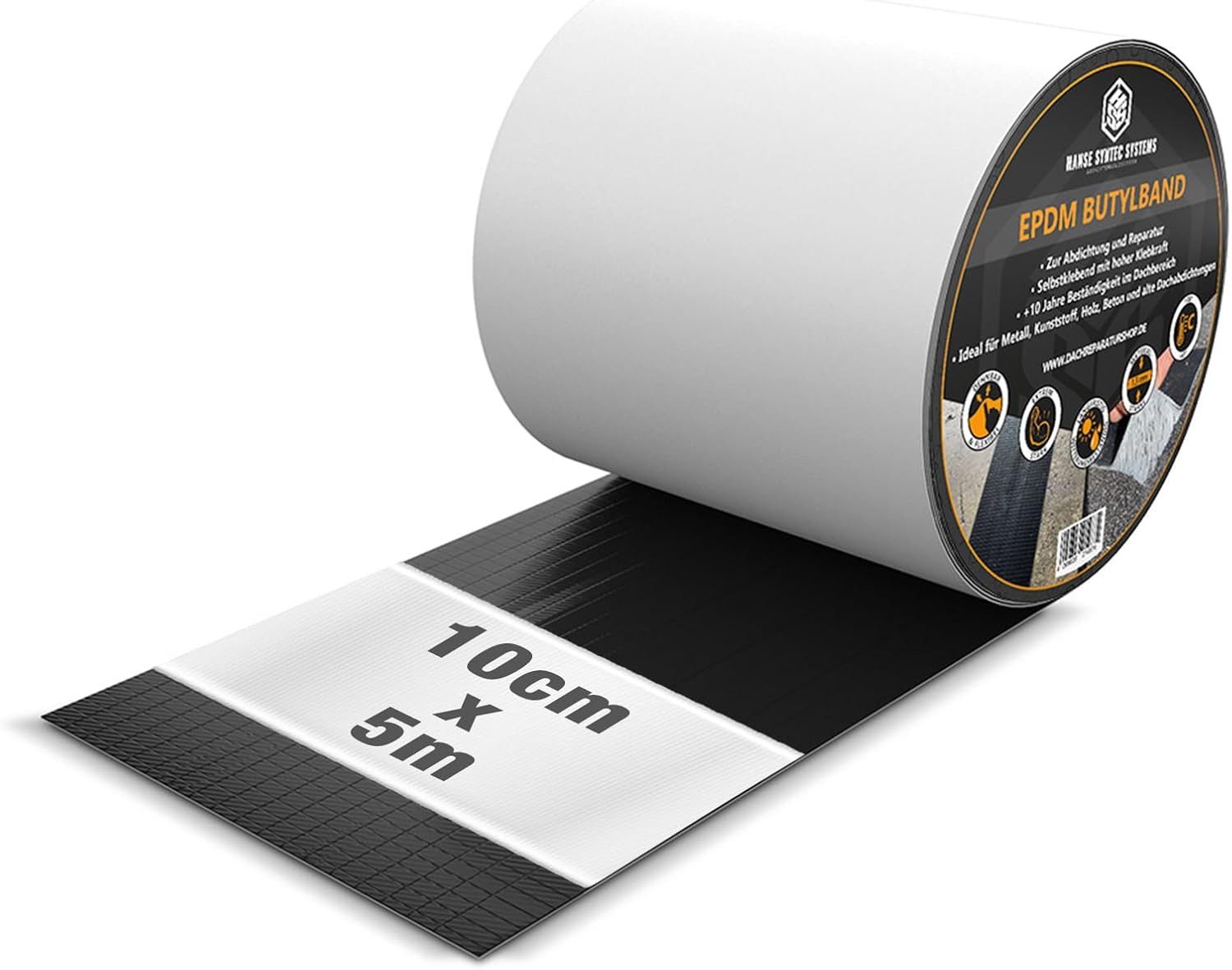 Hanse Syntec Systems Dichtband HSS Butylband EPDM, wasserdicht, gewebeverstärkt, 10cm x 5m schwarz gewebeverstärkt, EPDM Gummi Oberlage, flexibel, robust