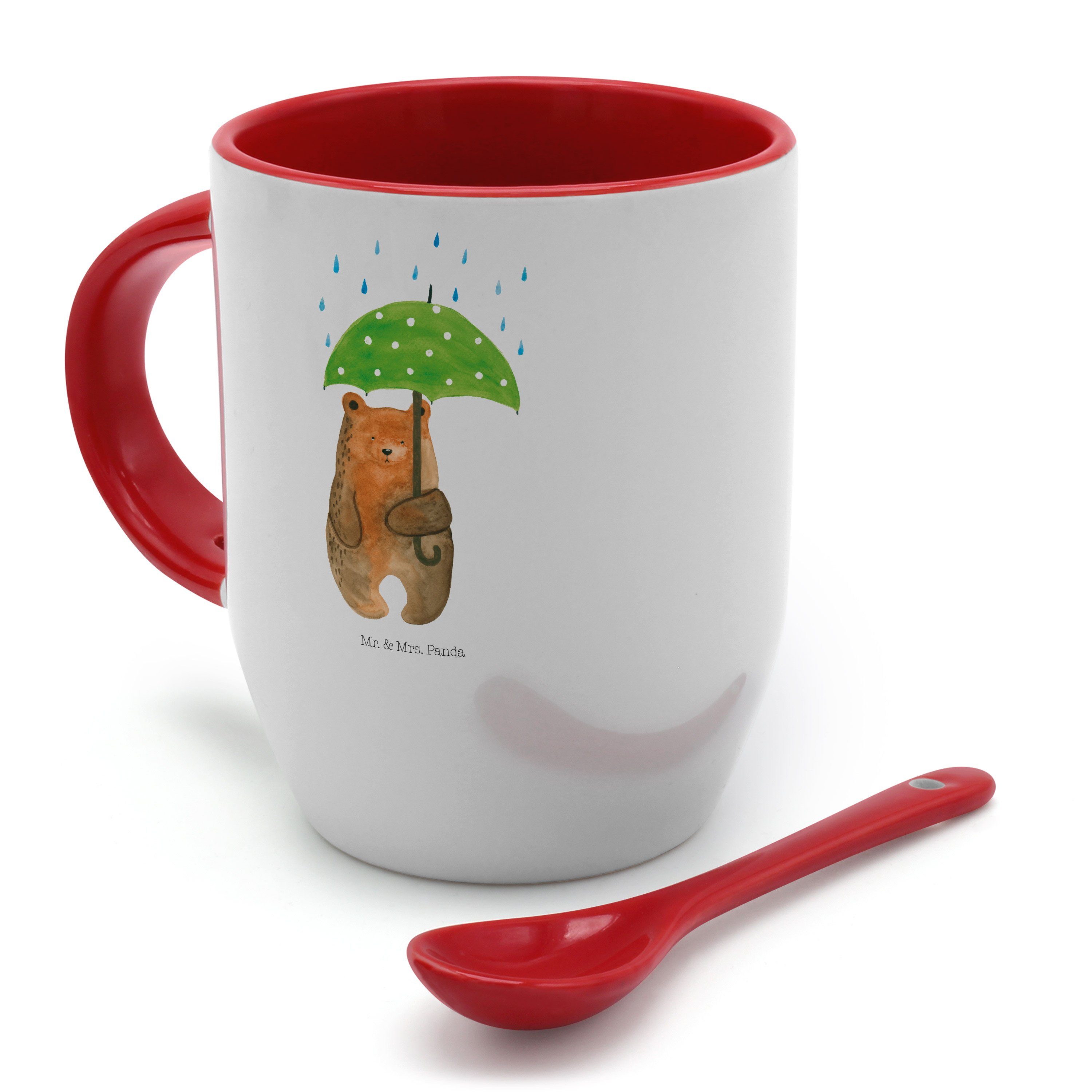 Bär Tasse Weiß Tasse mit Geschenk, Keramik - Regenschirm Panda mit Löffel, Fam, Pärchen, Mrs. Mr. & -