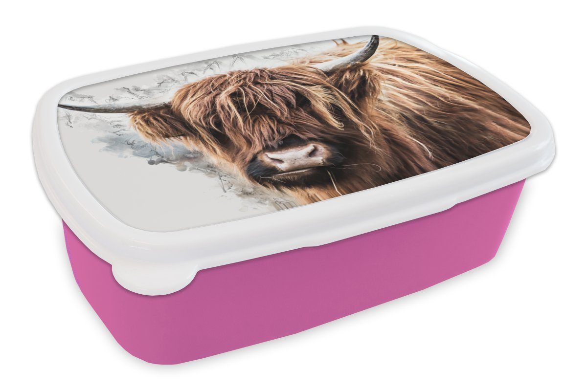 MuchoWow Lunchbox Schottischer Highlander - Tiere - Rauch, Kunststoff, (2-tlg), Brotbox für Erwachsene, Brotdose Kinder, Snackbox, Mädchen, Kunststoff rosa