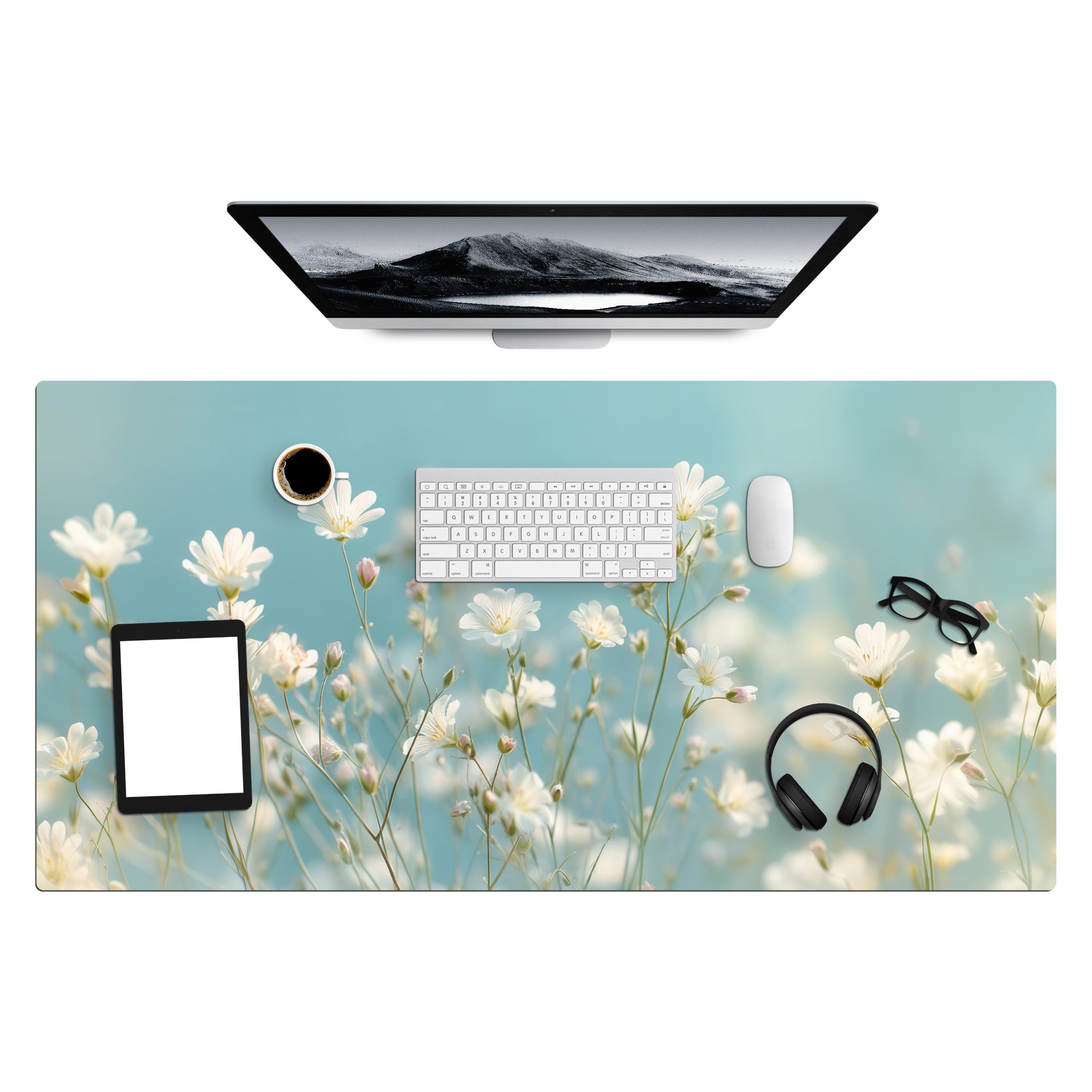 MuchoWow Gaming Mauspad Stengels - Bloemen - Lucht - Wit (1-St), Gaming Mauspad XXL, Schreibtischunterlage, Gaming Zubehör, 120x60 cm
