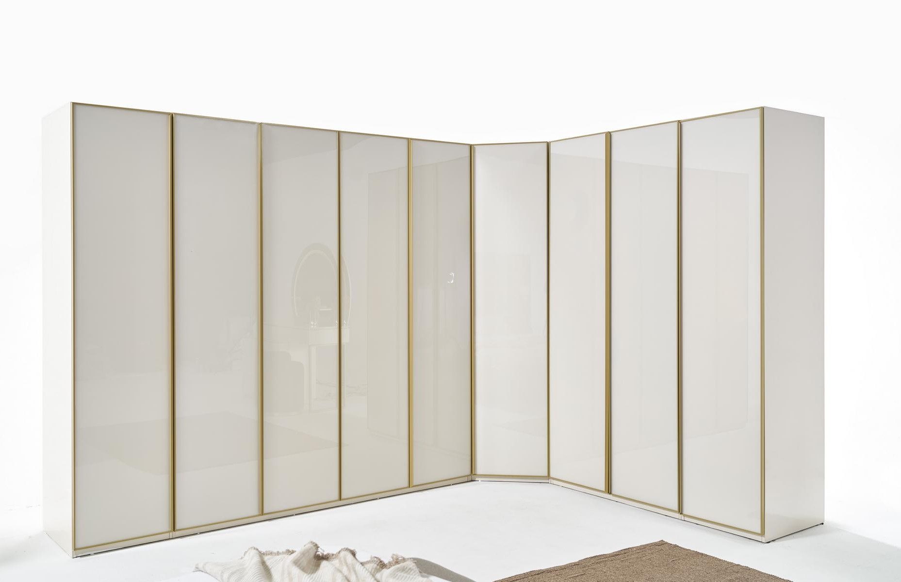 Xlmoebel Eckkleiderschrank Hochglanz Kleiderschrank Luxus Möbel Gold Beige für Schlafzimmer (Hochglanz Kleiderschrank Gold Beige) Made in Europa