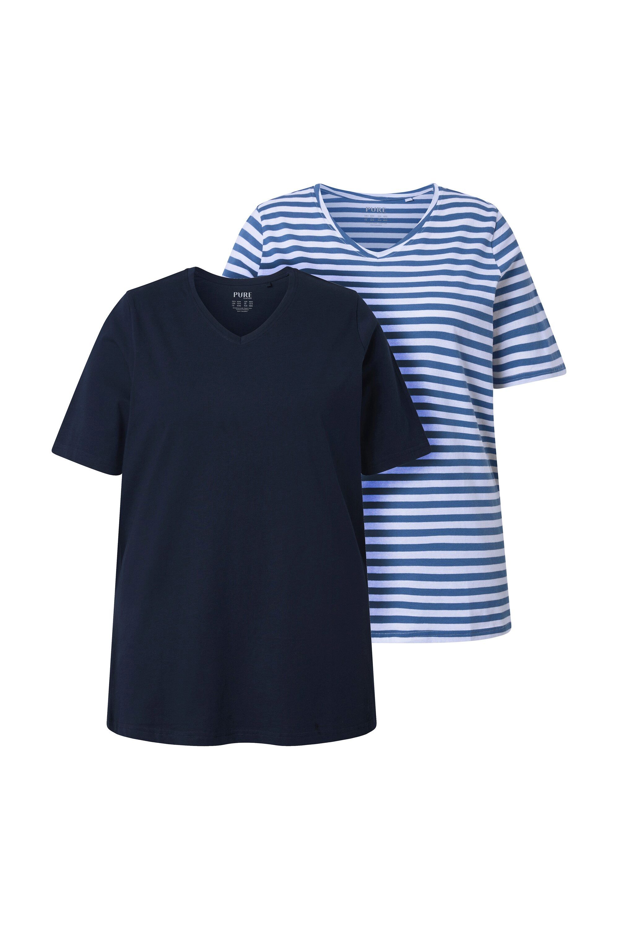 Ulla Popken T-Shirt T-Shirts 2er-Pack Ringel/uni V-Ausschnitt Halbarm