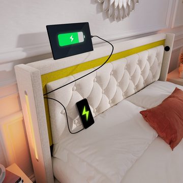 REDOM Polsterbett LED Doppelbett (Bettkasten mit USB Typ C Ladefunktion Kopfteil), Stauraumbetten Bettgestell aus Baumwolle 140x200 mit lattenrost