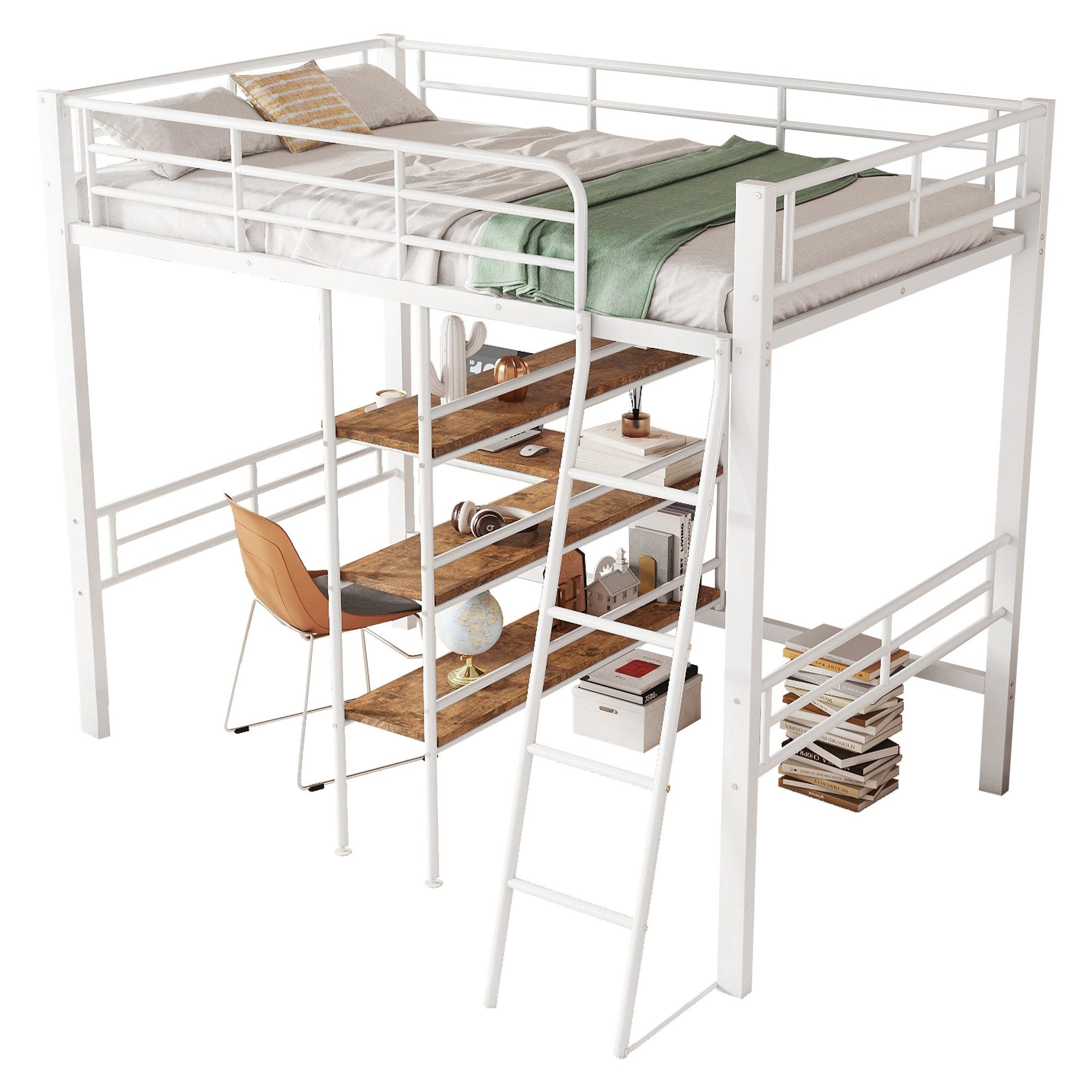 Hochbett 90x200cm mit Schreibtisch & Regalen