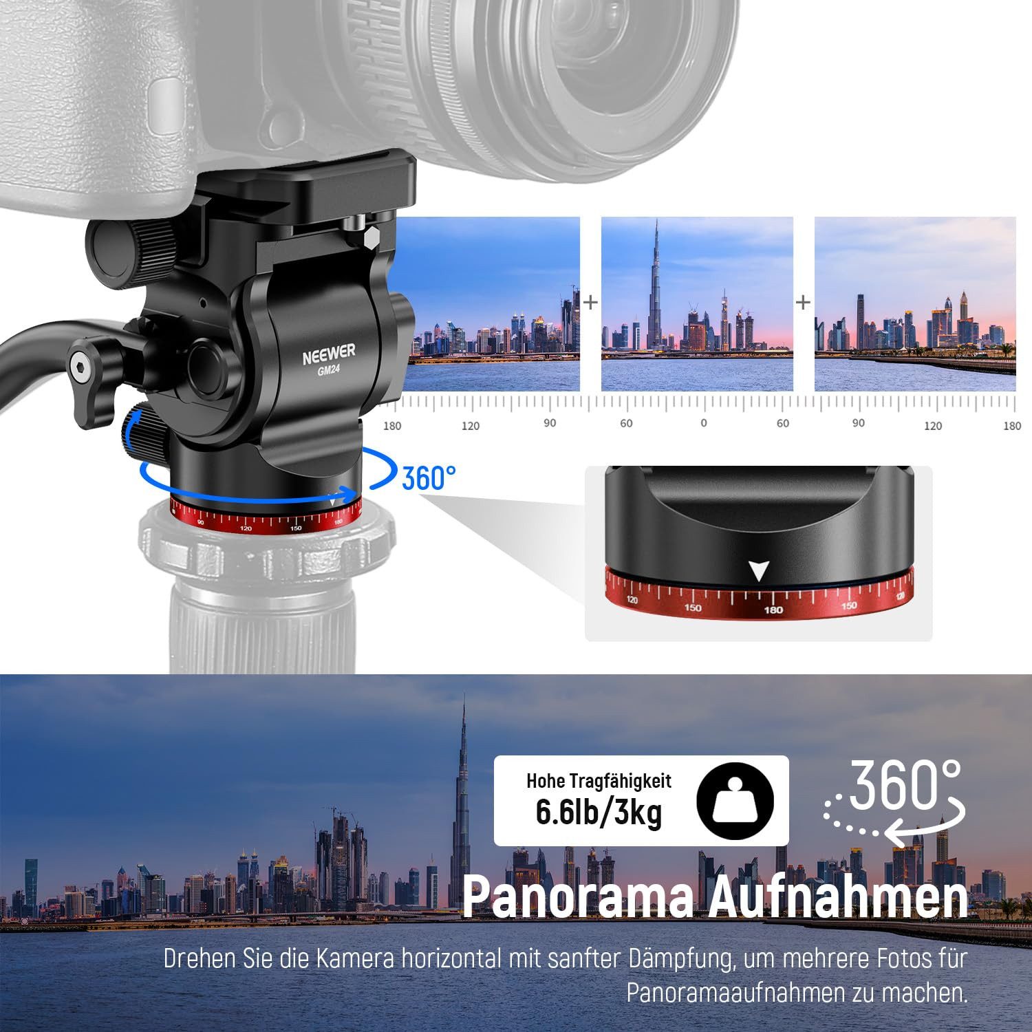 Neewer Fluid-Video-Neiger GM24 Stativ Fluidkopf mit Arca Platte für DSLR Kameras, max. 3kg