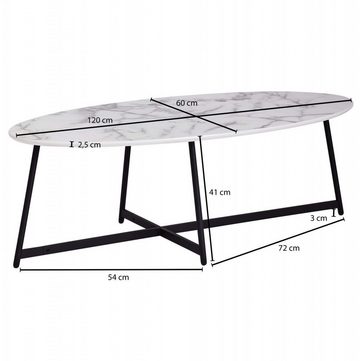 furnicato Couchtisch Design Oval 120 cm mit Marmor Optik Weiß, Wohnzimmertisch mit Metall-Beine