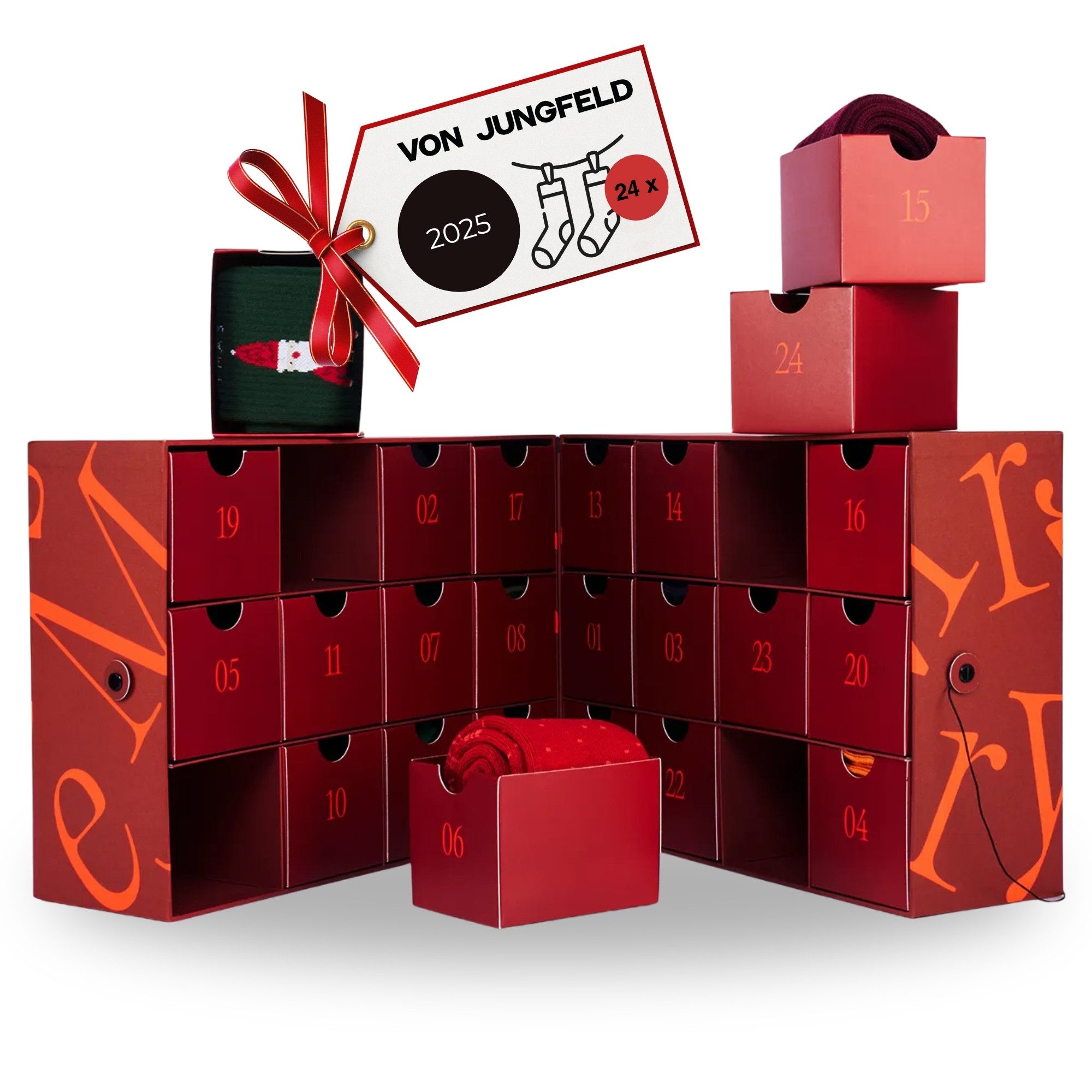 von Jungfeld Adventskalender Weihnachtskalender mit Носки Bio-Baumwolle 35-46 (25-tlg), 24 verschiedene Носки-Paare aus Bio-Baumwolle