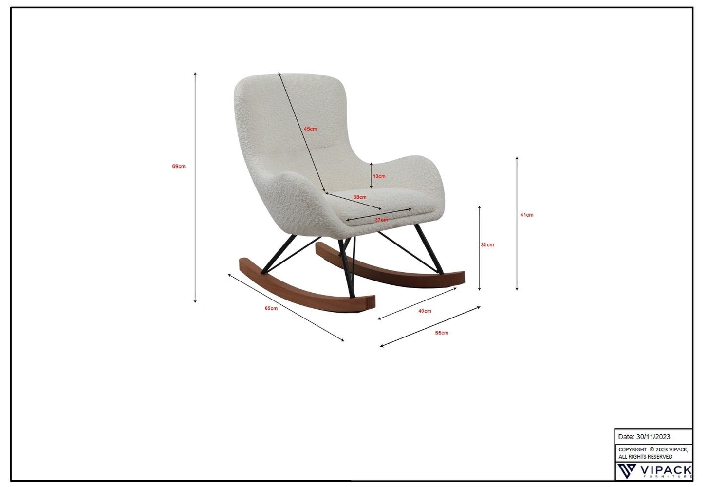 Vipack Schaukelstuhl ROCKY, in Bouclé Anthrazit, Stoff und Holz - 55x69x65cm (BxHxT)