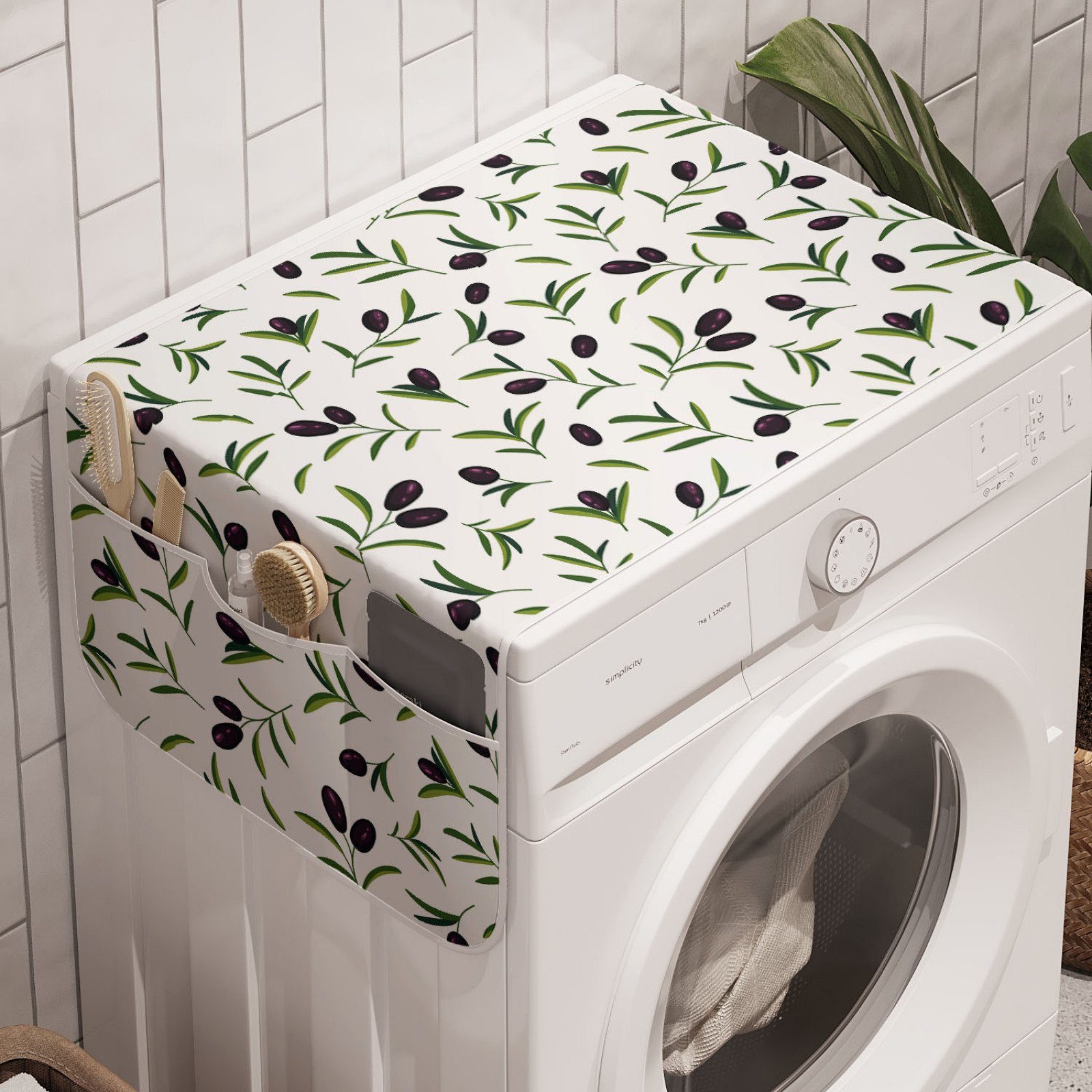 Abakuhaus Badorganizer Anti-Rutsch-Stoffabdeckung für Waschmaschine und Trockner, Olive Botanische Branches Blätter