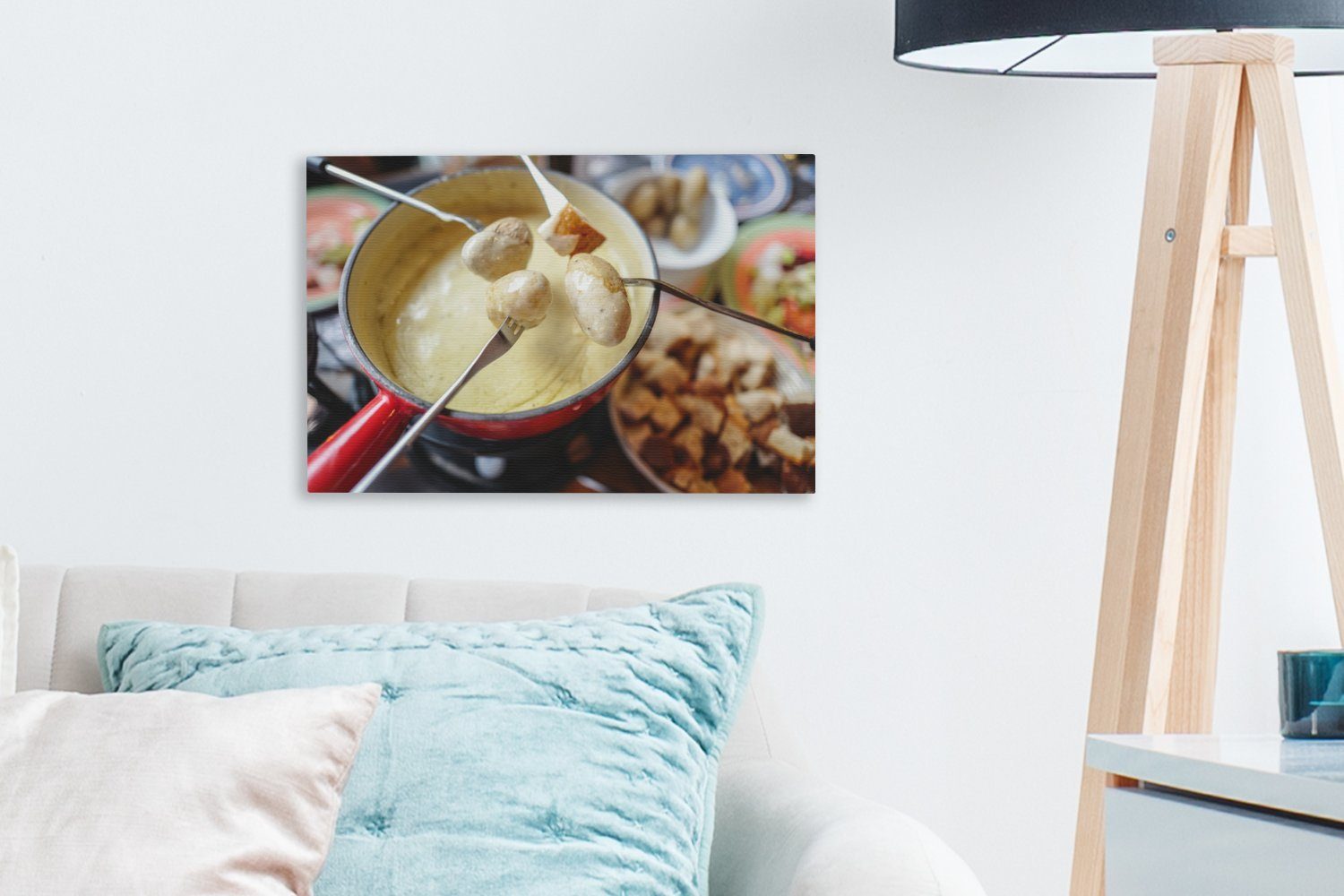 OneMillionCanvasses® Leinwandbild Käsefondue mit Familie, Aufhängefertig, 30x20 Käse eine Wandbild St), (1 Wanddeko, cm für Leinwandbilder, Schweizer