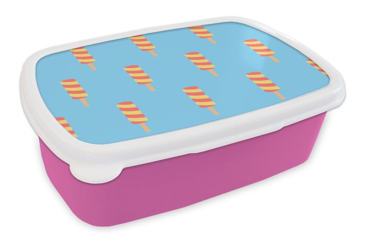 MuchoWow Lunchbox Eiscreme - Muster - Blau - Gelb, Kunststoff, (2-tlg), Brotbox für Erwachsene, Brotdose Kinder, Snackbox, Mädchen, Kunststoff rosa