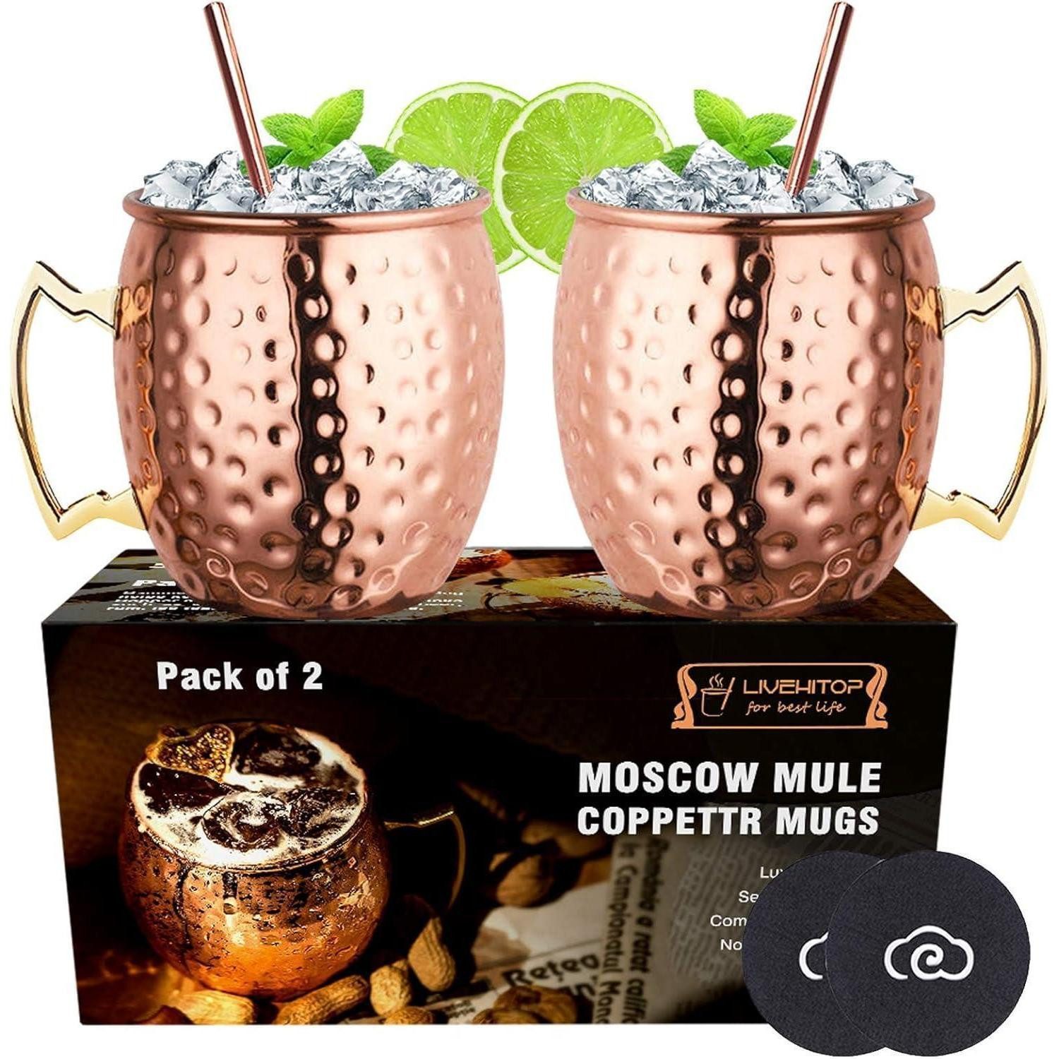 LuxusKollektion Cocktailglas Moscow Mule Kupferbecher Set of 2, 19.5 Oz mit Untersetzer Cocktail, Metall
