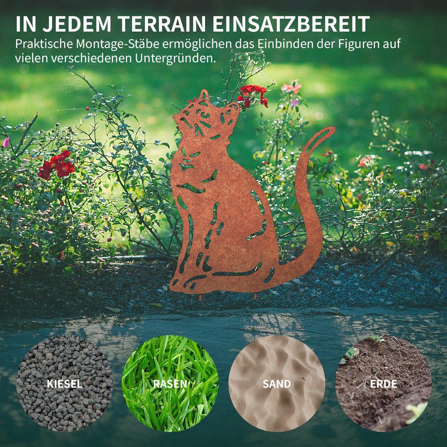 VERDOBA Gartenstecker Gartenfigur Katze in Rost, (silber) Designs verschiedenen Blumenstecker