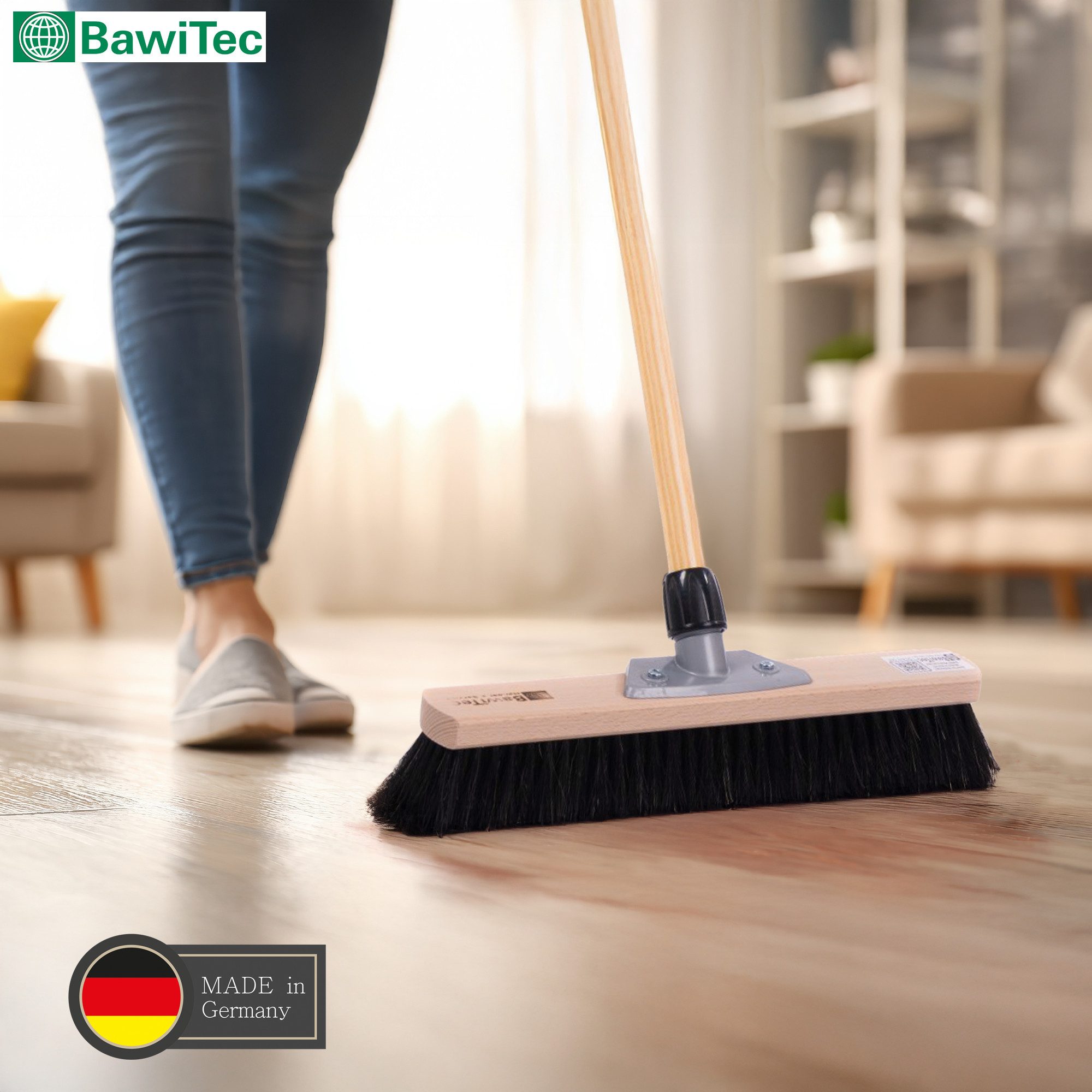 BawiTec Kehrgarnitur Rosshaarbesen mit Holstiel XXL Zimmerbesen Haushaltsbesen Stubenbesen, Fliesen, Laminat, Vinylböden, Steinzeug, PVC-Böden, Parkett, sehr weiche Borsten