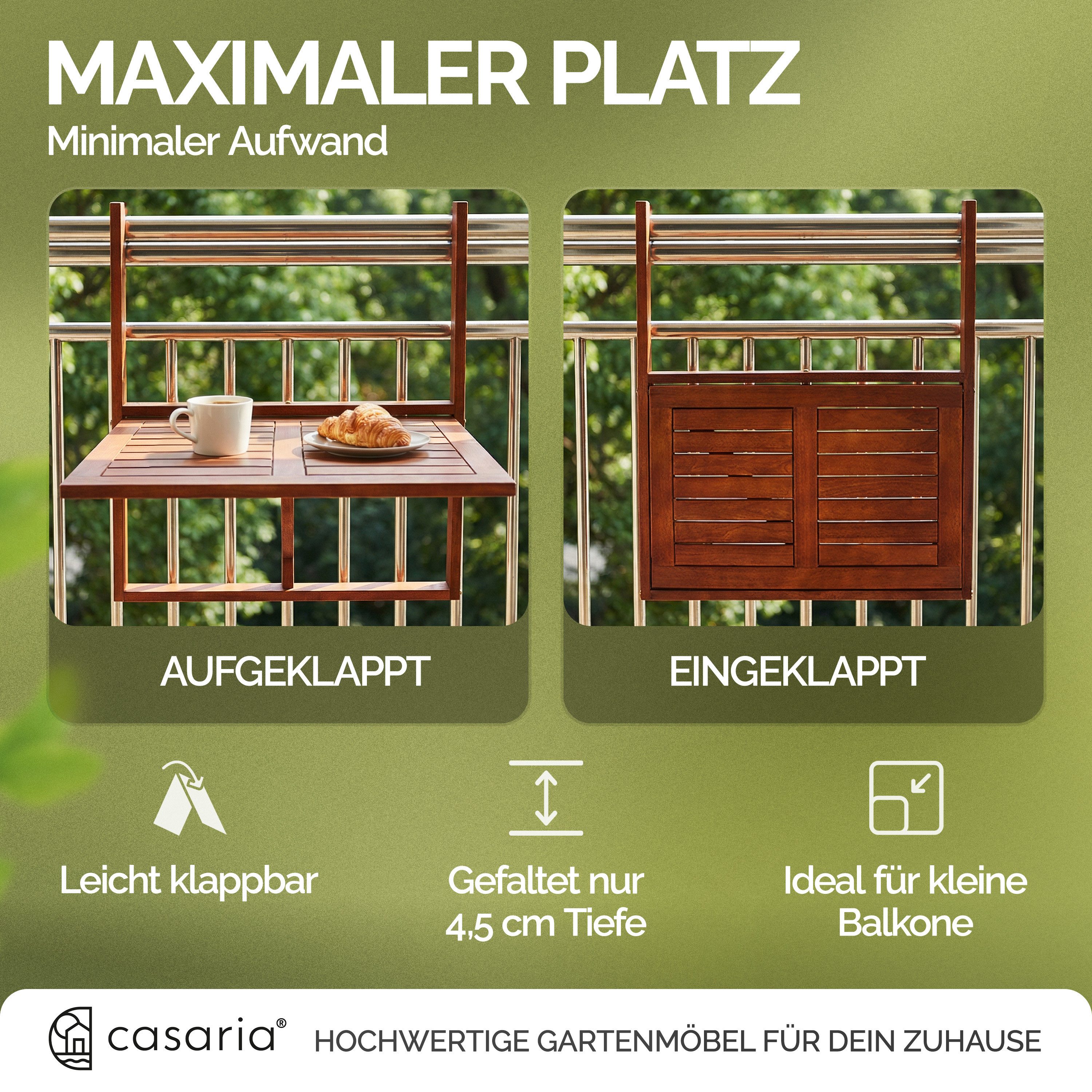 Casaria Balkonhängetisch Akazie (1-St), klappbar Holz FSC®-zertifiziert 40kg Belastbar Balkon Geländer Akazie – Bild 5 von 5