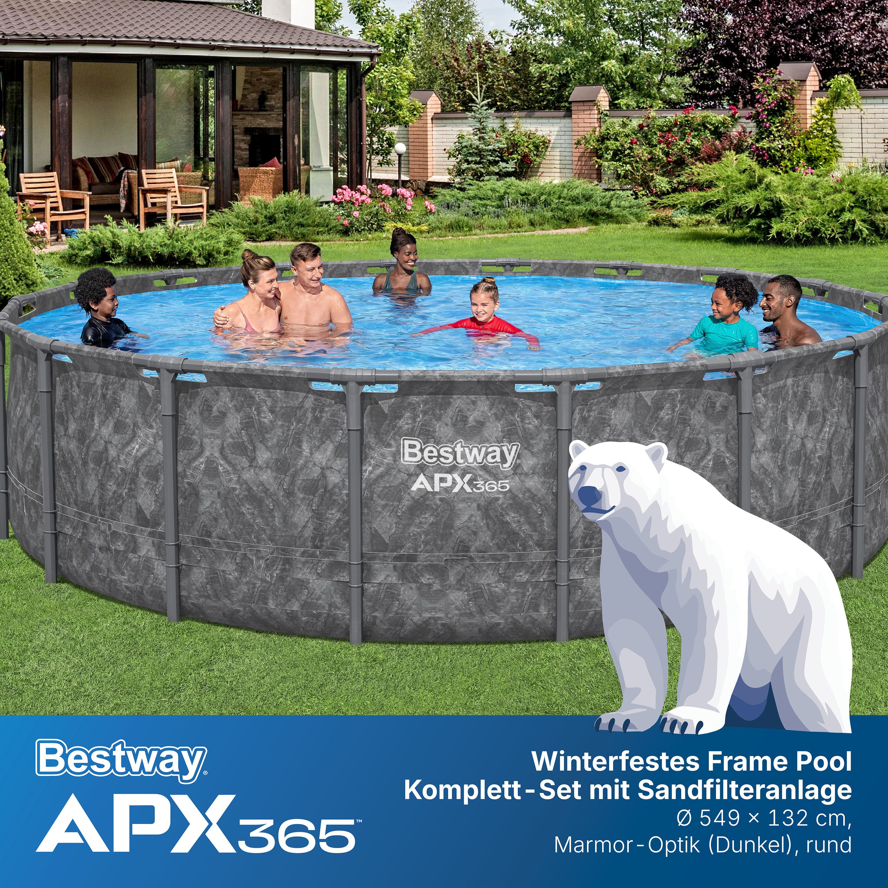 Bestway Framepool APX365™ Winterfest (Set, Inkl. Sandfilteranlage, Filterbälle, Sicherheitsleiter, Abdeckplane), Ø 549 x 132 cm