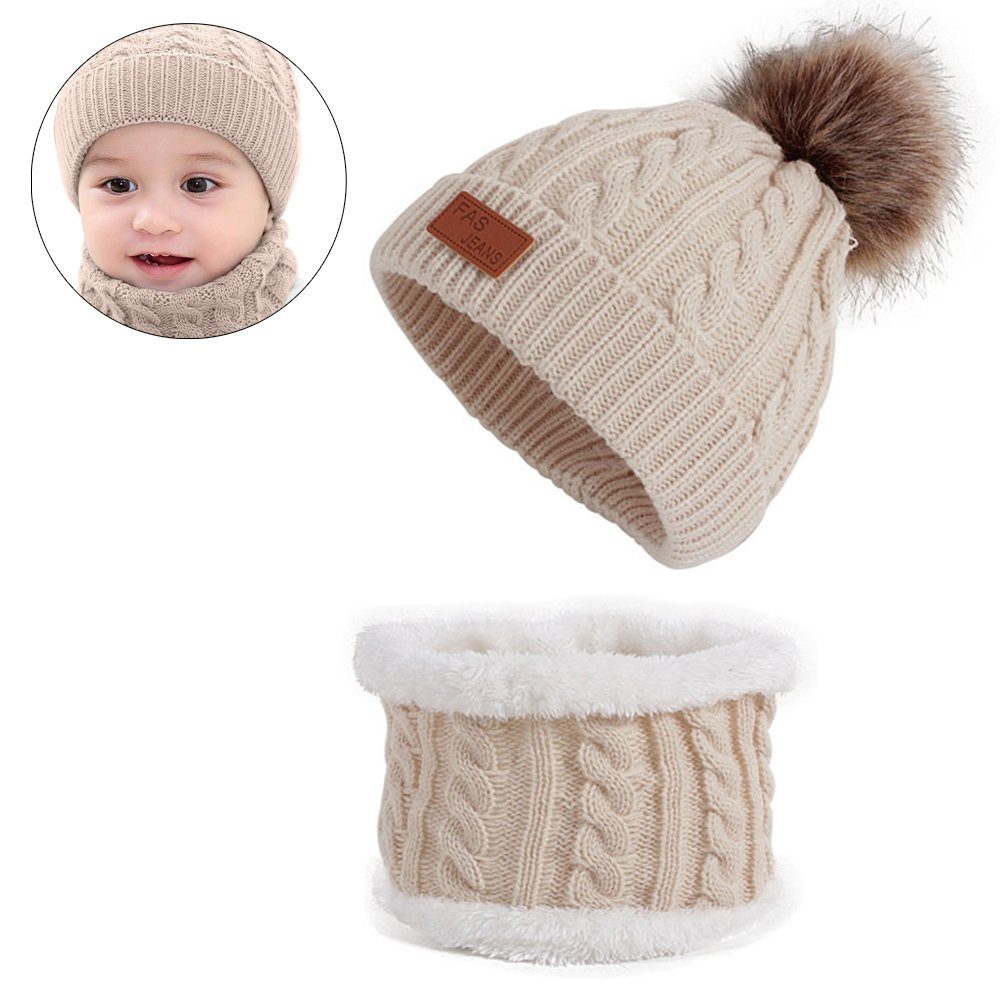 Juoungle Strickmütze Kinder Winter Hut Schal Set Wintermütze Loop Schal Set Kinder beige