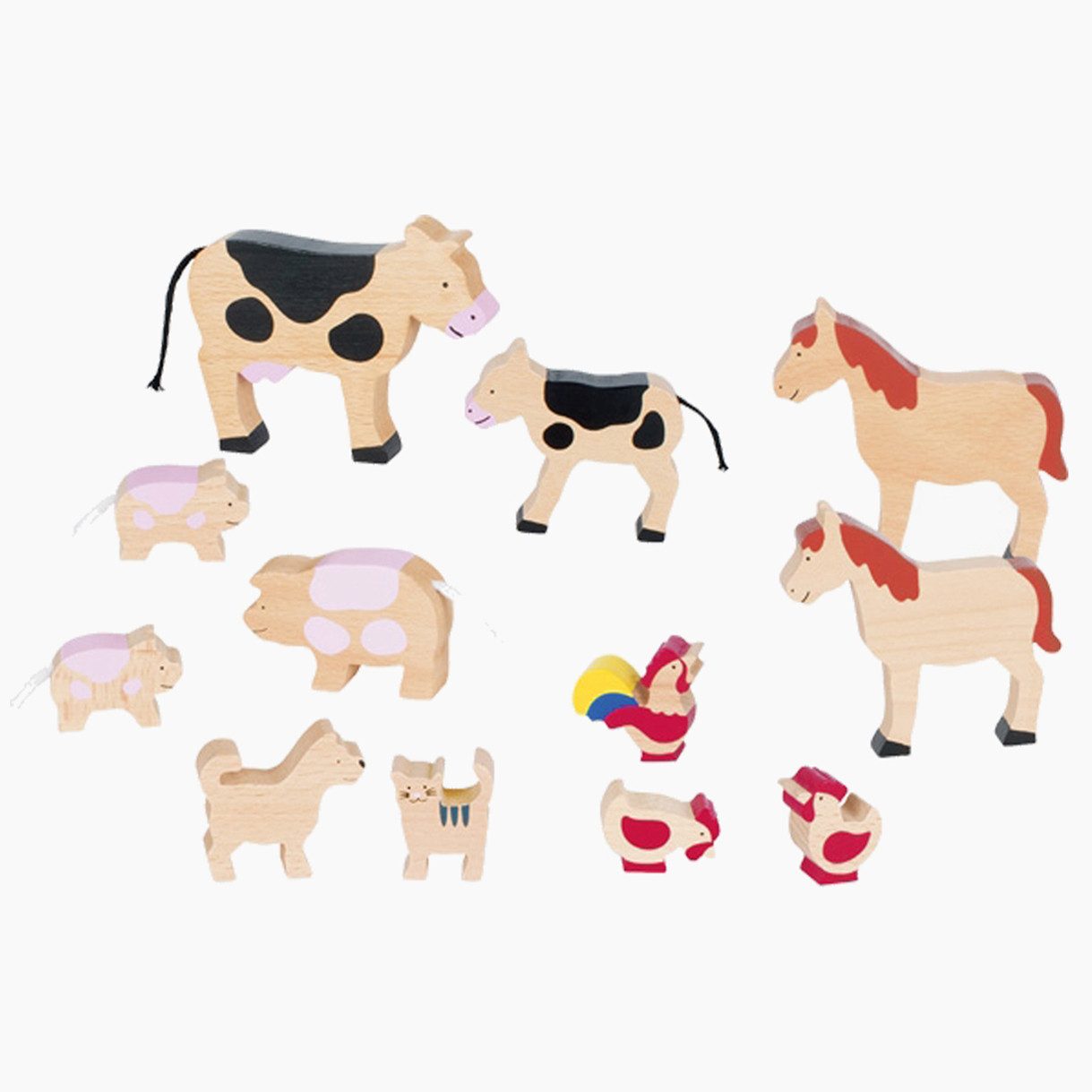 goki Spielwelt Bauernhoftier-Set, (spar packung, 12-tlg., 12 teilig), schön gestalteten Holztieren
