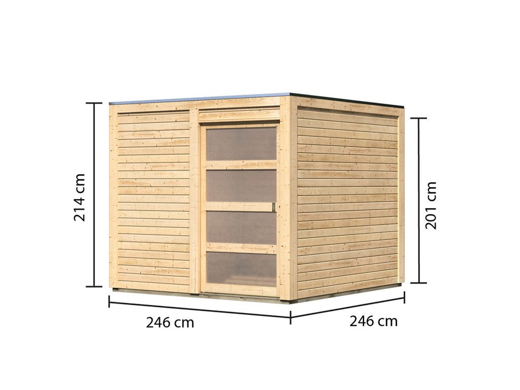Karibu Gartenhaus Gartenhaus Qubic-Cubino 19 mm naturbelassen, BxT: 246x246 cm, 19 mm Wandstärke, Schiebetür mit Kunstglas-Einsätzen