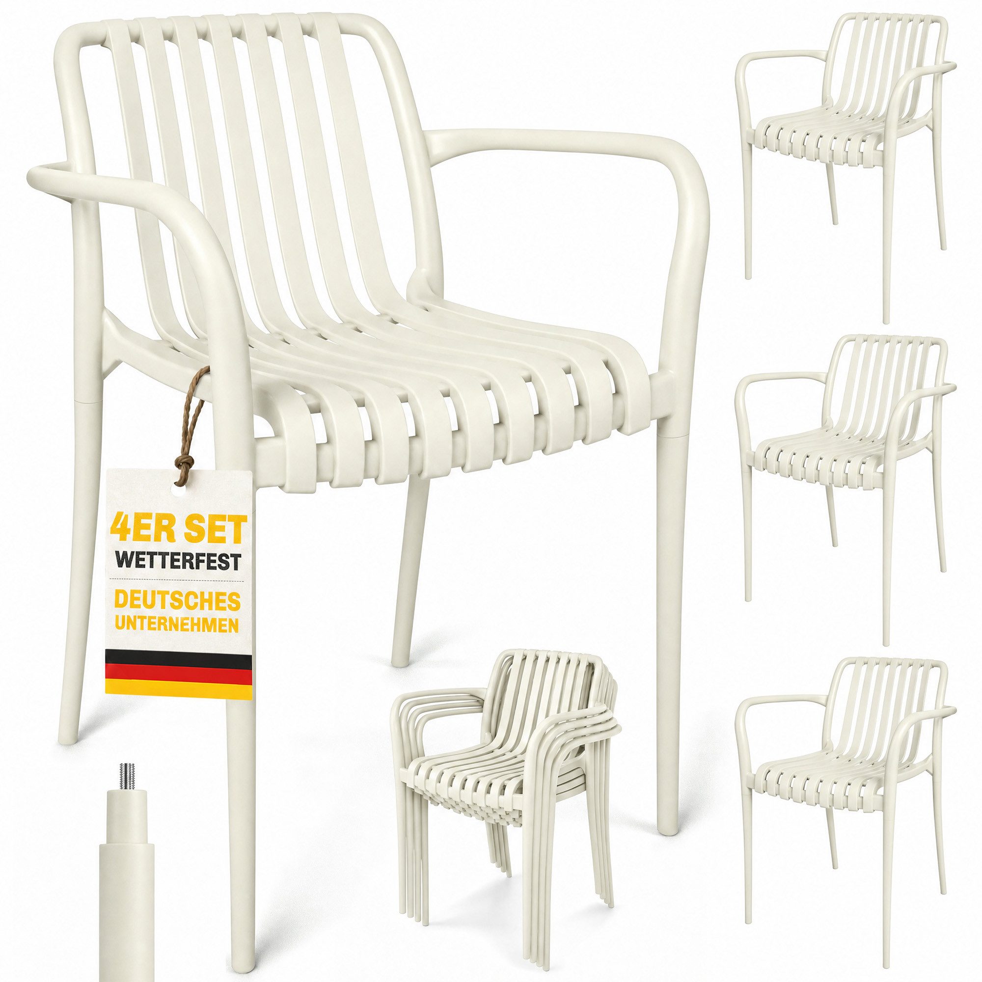 Outsunny Gartenstuhl Stapelbare Balkonstühle mit Lamelldesign-Armlehnen ergonomisch 120kg (Terrassenstühle, 4 St), für Garten, Balkon Terrasse 55 x 58,5 x 81,5 cm Cremeweiß