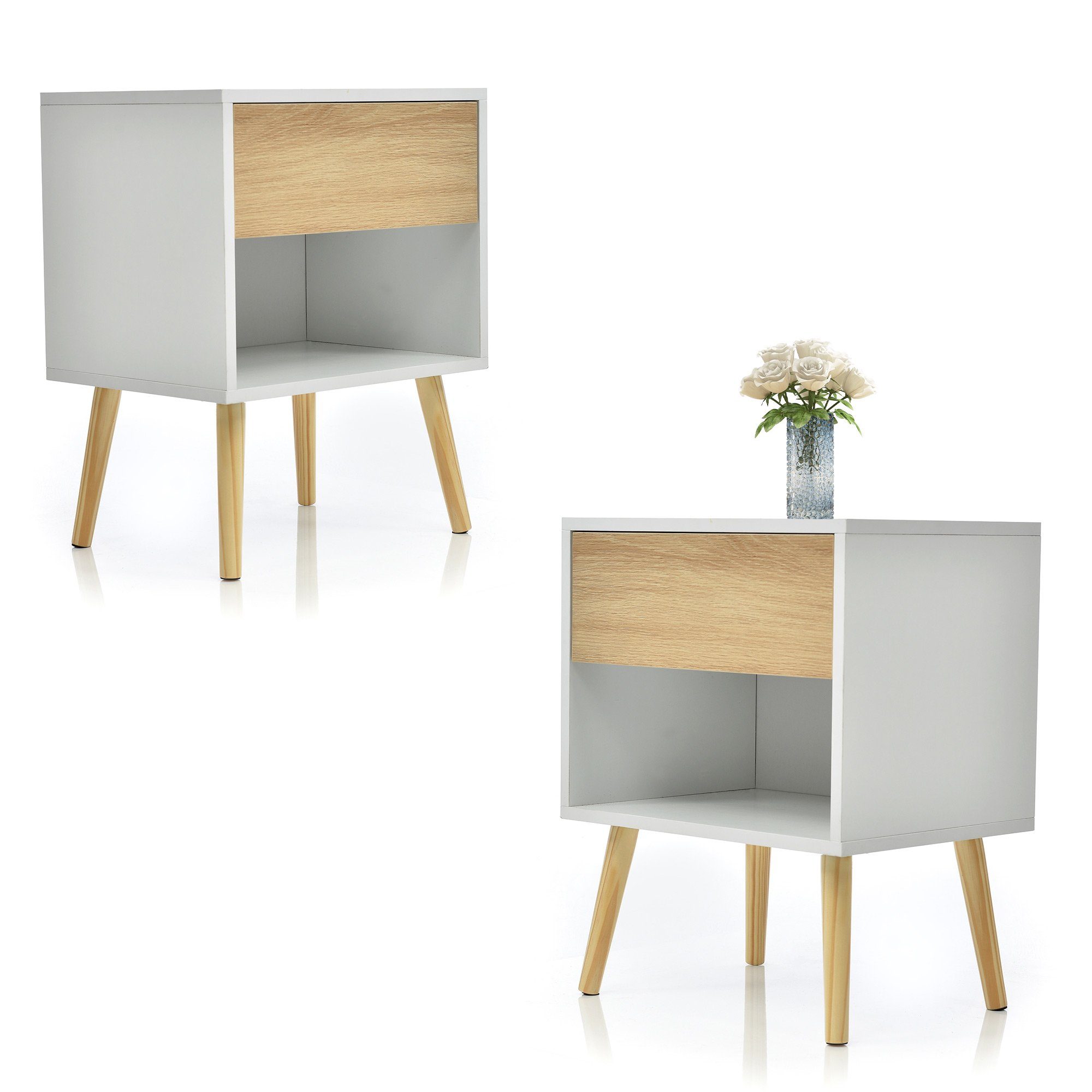 Nachttisch (2-St., Beistelltisch), Nachtschrank Kommode mit Schublade & offenem Fach, Massivholz