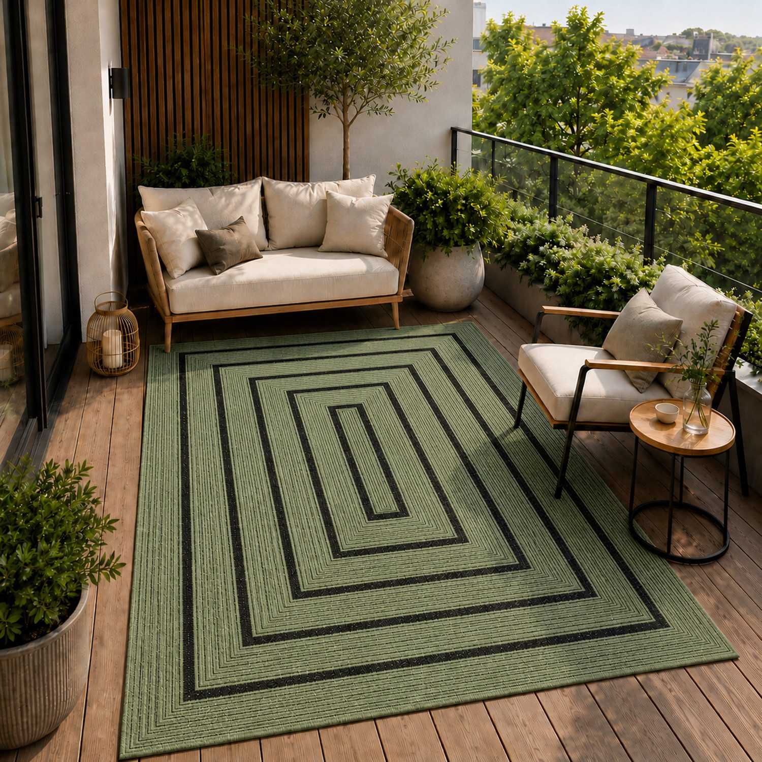 Vimoda Outdoorteppich Ventura, wetterfest robust kurzflor teppich Balkon Terrasse Küche, Rechteckig, Höhe: 5 mm, In- & Outdoor geometrisches Design Teppich waschbar in Grün Beige Grau
