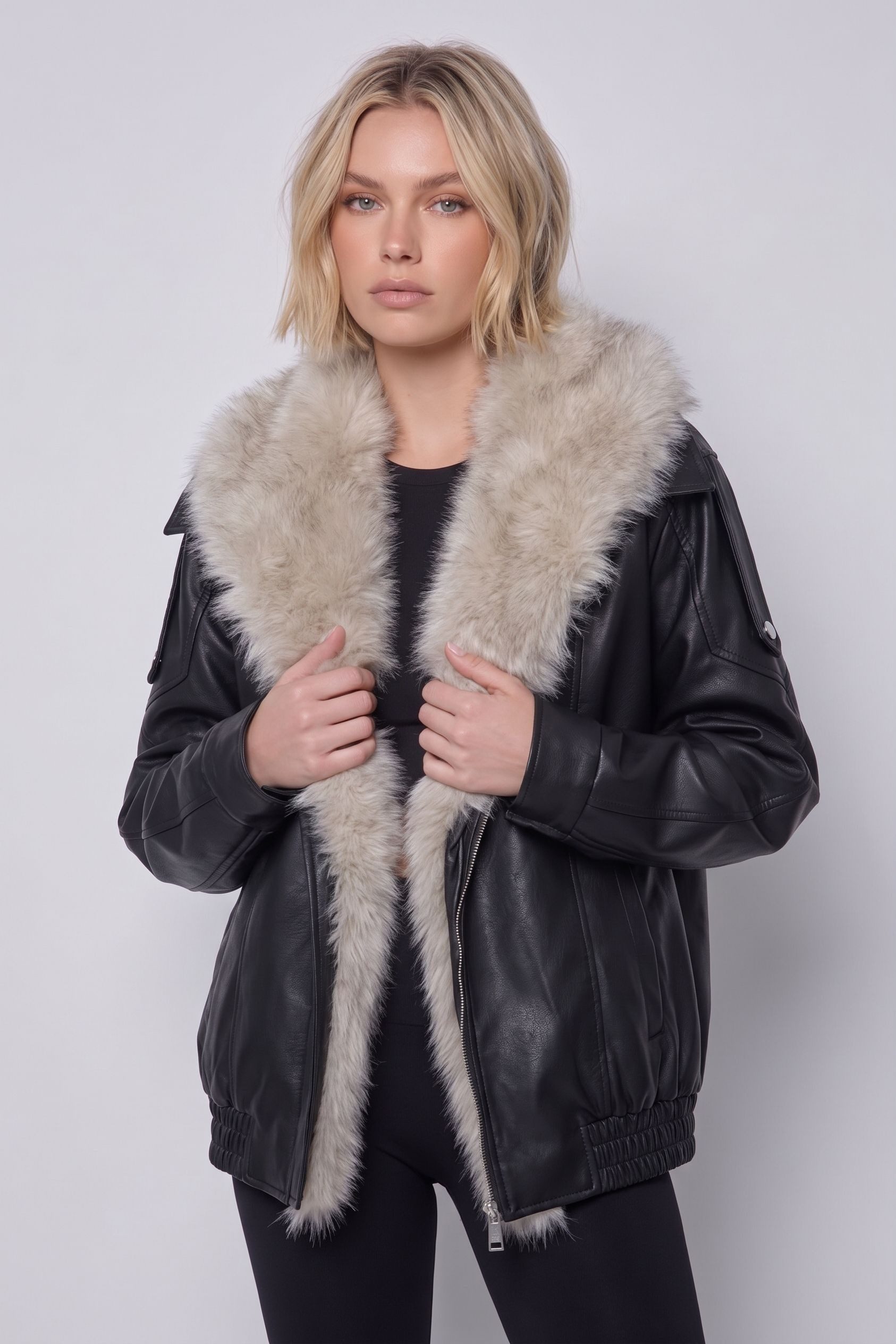 Copperose Bikerjacke Bikerjacke mit Kunstfellkragen 2192 Aviator-Jacke Kunstlederjacke mit weichem Kunst Pelzkragen