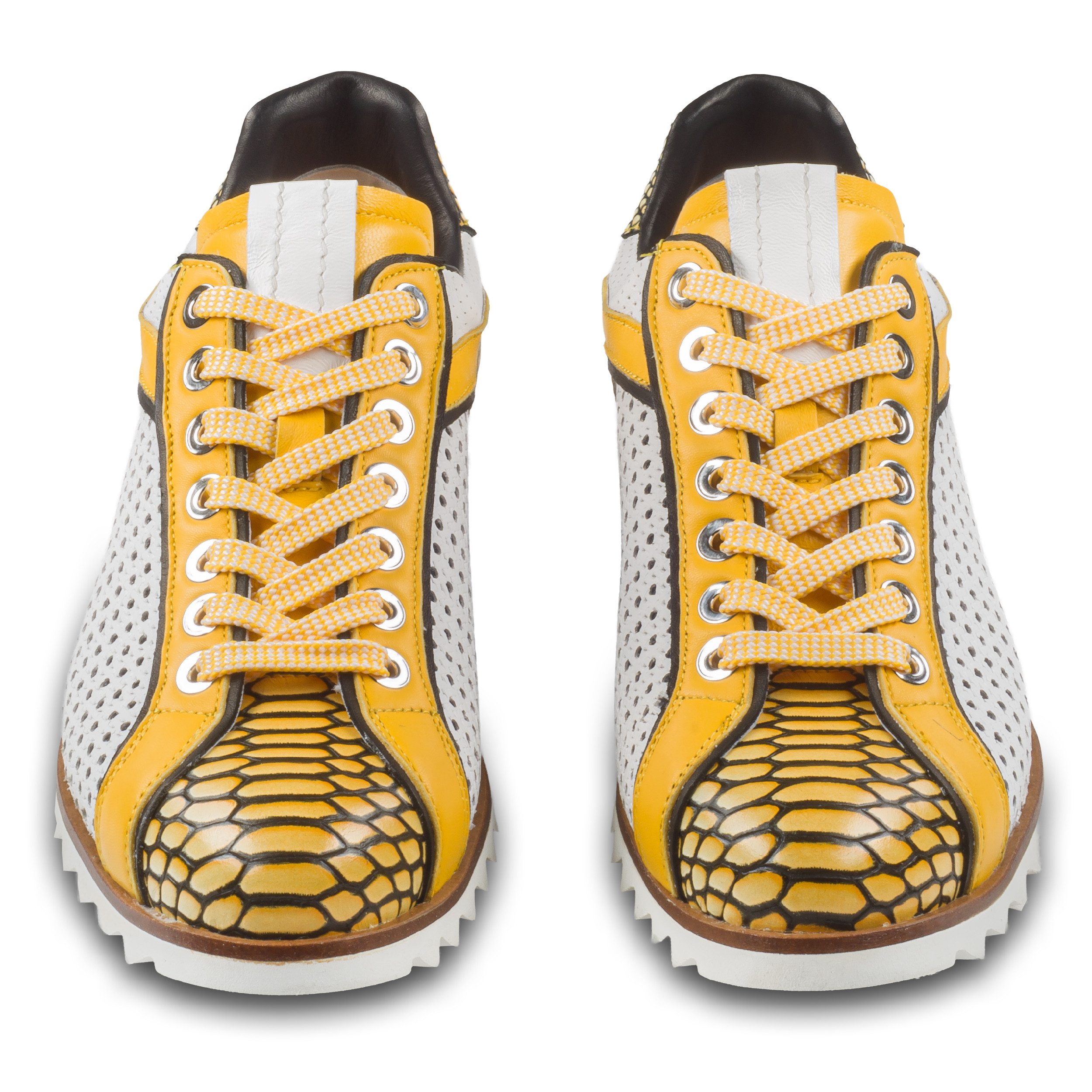 Lorenzi Leder Sneaker Herren, weiß/gelb mit Reptilprägung & Perforierung Sneaker Handgefertigt in Italien
