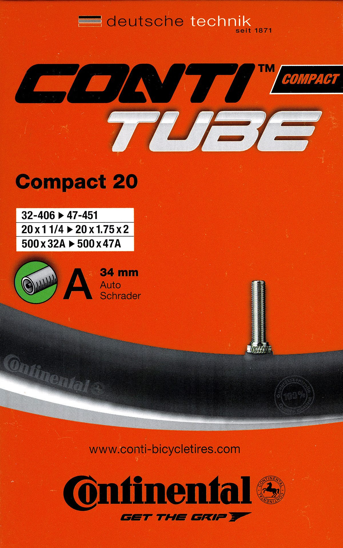 CONTINENTAL Fahrradschlauch Continental Compact 20 Schlauch 20 Zoll AV (32/47-406/451) AV 34mm, 1,50, 1,75, 1,40, 1,60, 2 1/4, 1,25, 1,35