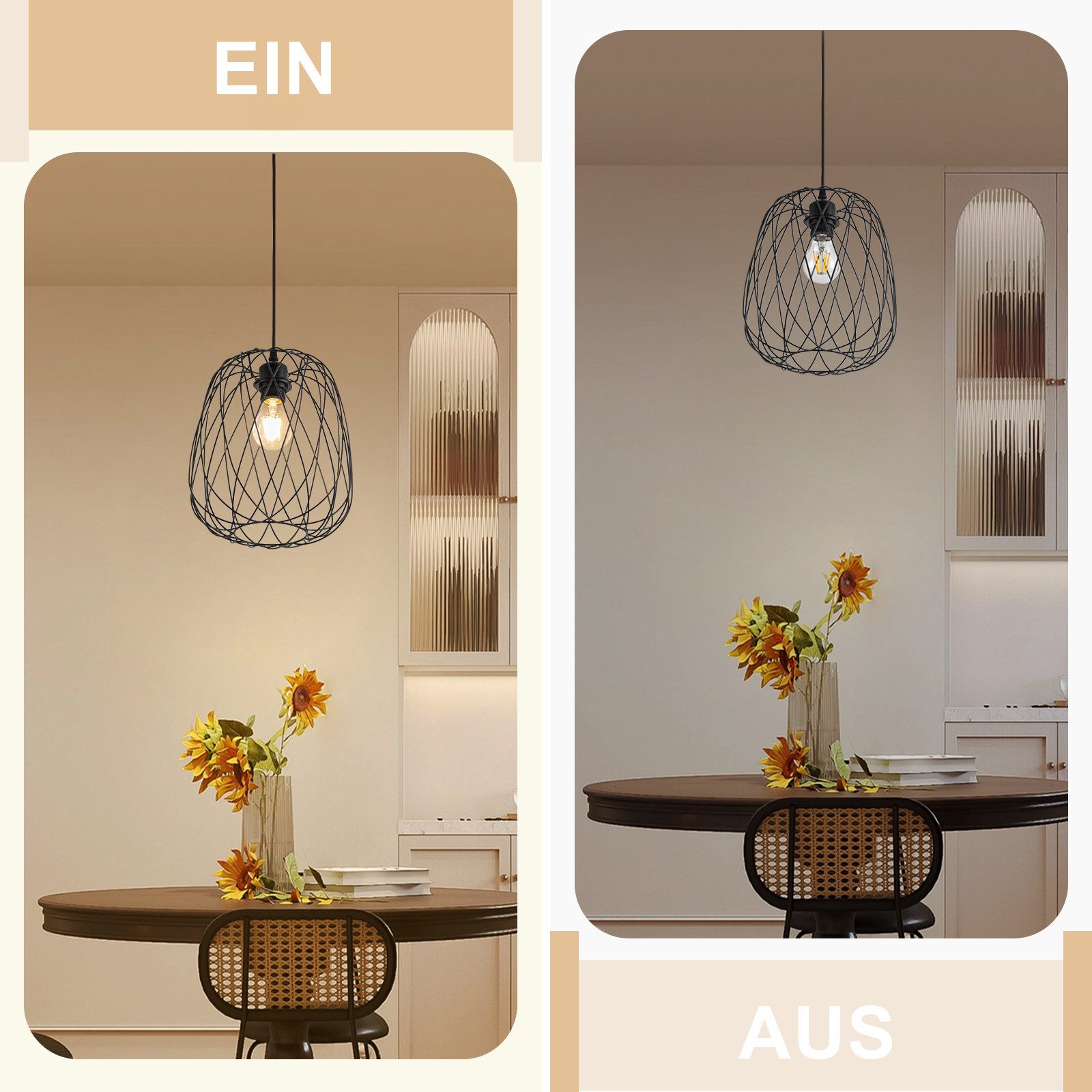 ZMH Pendelleuchte Esszimmer 120CM Schwarz Retro Käfig Gitter E27 Hängeleuchte Flur, ohne Leuchtmittel, Ellipsen, 1 Flammig Retro Esstischlampe Wohnzimmer Treppe – Bild 5 von 5
