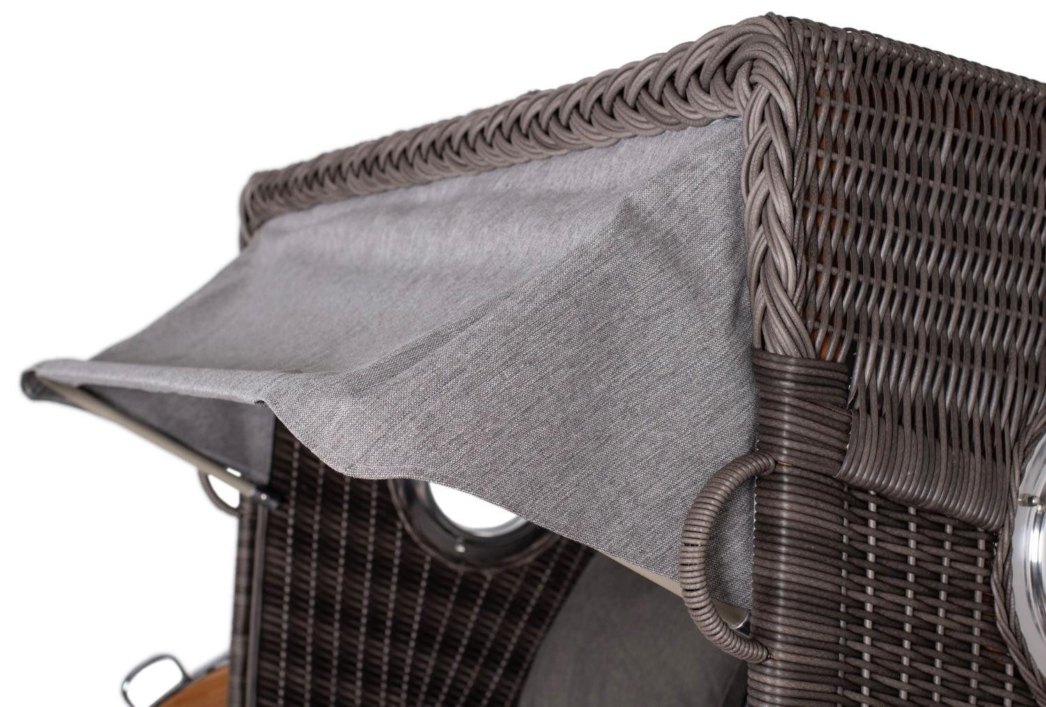 deVries PURE® Strandkorb Seemöwe XL - PE stone grey - Dessin 466, BxTxH: 140x95x160 cm, Halblieger, Ostsee-Strandkorb, Teakholz - Bullaugen - Kissenausstattung und Schutzhülle