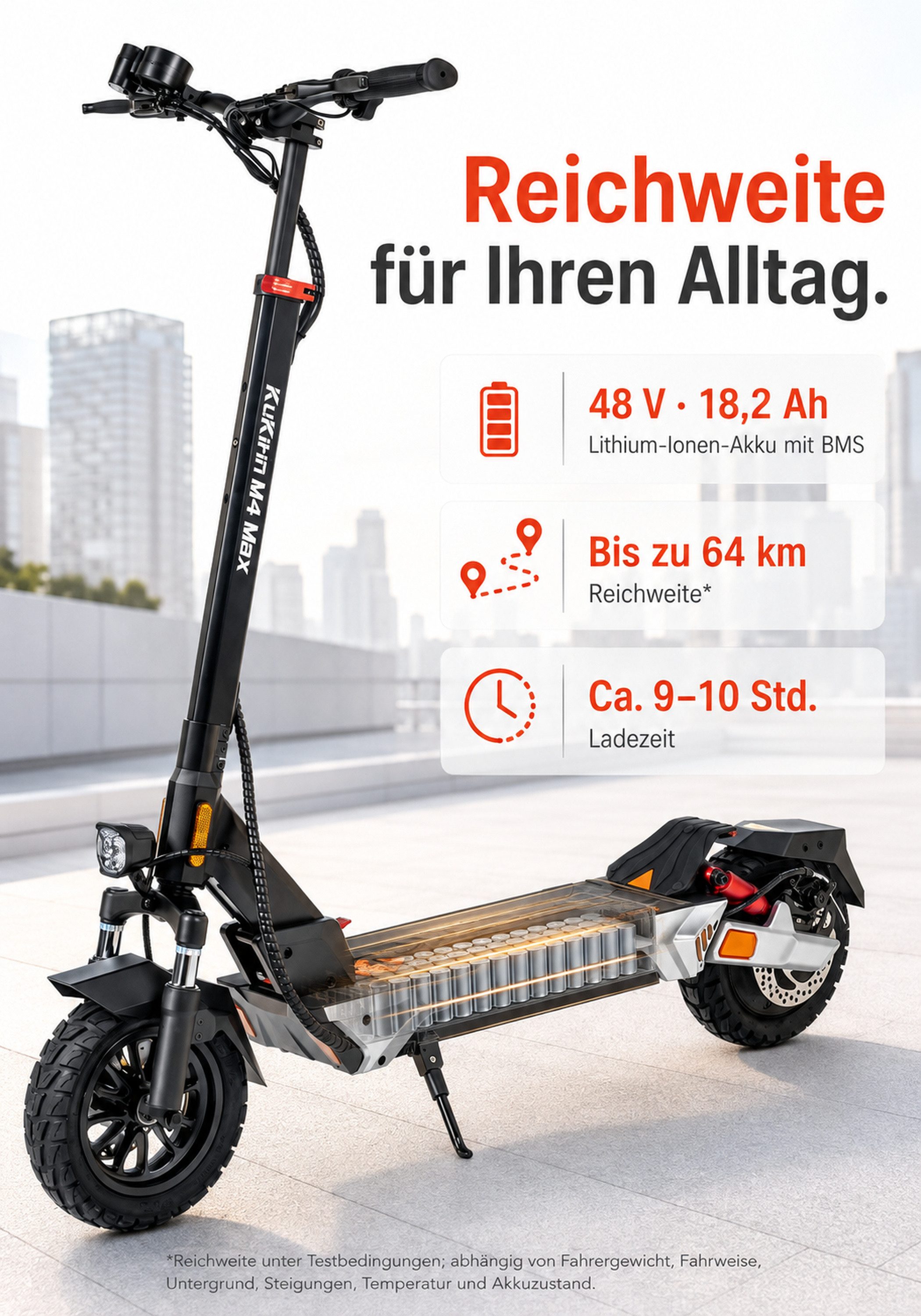 Sinaopus E-Scooter KuKirin M4 Max EScooter 800W 48V 18.2Ah 64km 45km/h 10 Zoll mit Sitz, Federung LED Display Scheibenbremse IP54 1000W Spitze klappbar – Bild 5 von 5