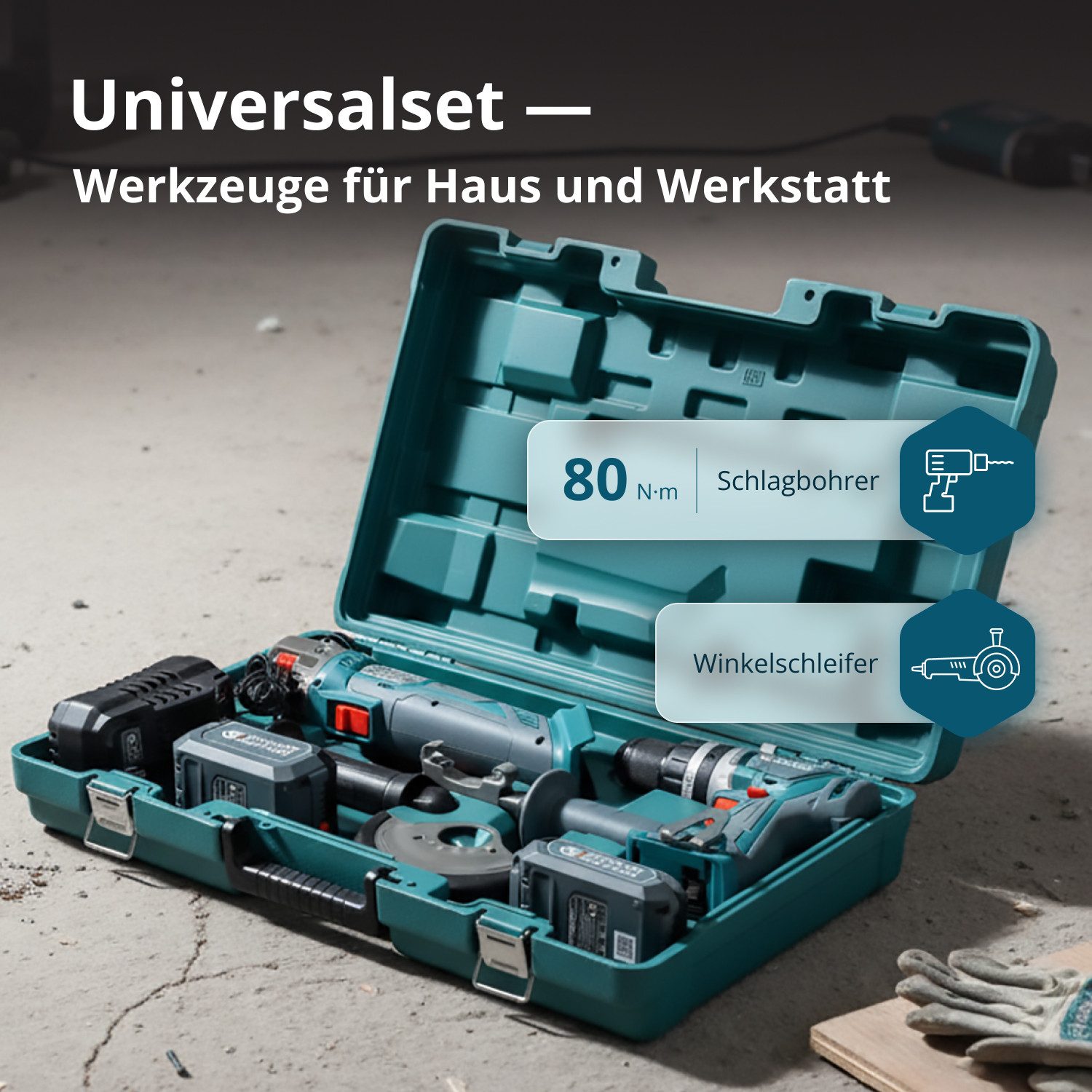 Könner & Söhnen Akku-Schlagbohrschrauber KS IDAGB 20V SET 1 PLUS, (Werkzeug-Set mit Schlagbohrer, Winkelschleifer, 3 Akkus & Koffer, 1-tlg., Inklusive zusätzlichem 4Ah Akku als Geschenk & Ladegerät), 80Nm bürstenlos, Drehzahlregelung Schleifer, Metallgetriebe