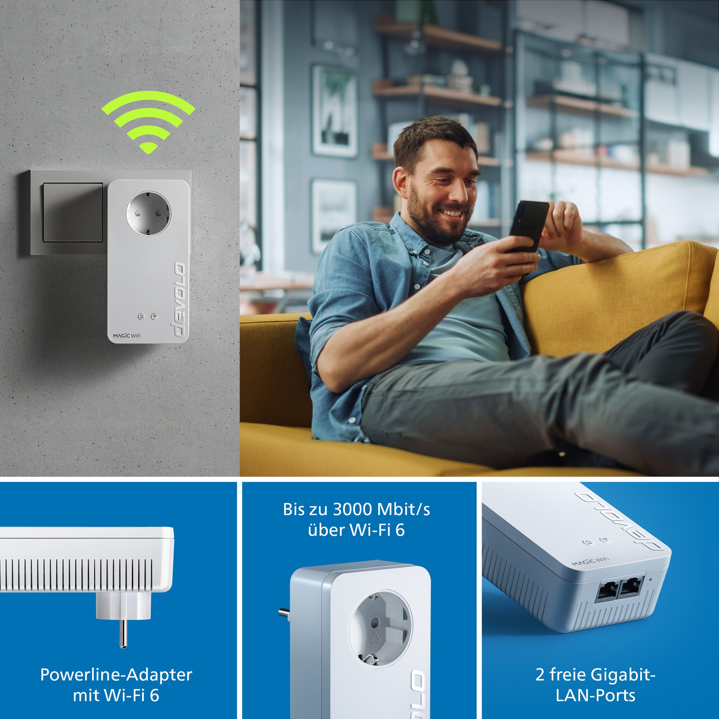 DEVOLO Magic 2 WiFi 6 next Multiroom Kit Reichweitenverstärker, Powerline Mesh WLAN Verstärker 3x Adapter