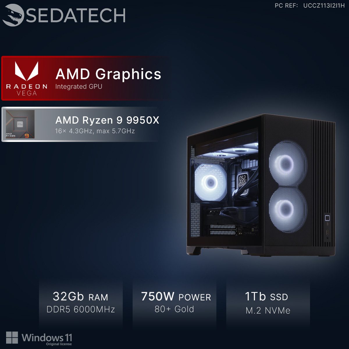 Sedatech UCCZ113I2I1HF - Watercooling Office PC (AMD Ryzen 9 9950X 16x 4.3GHz (max 5.7GHz), AMD Radeon Graphics, 32 GB RAM, 1000 GB SSD, Watercooling, Wlan 6E)