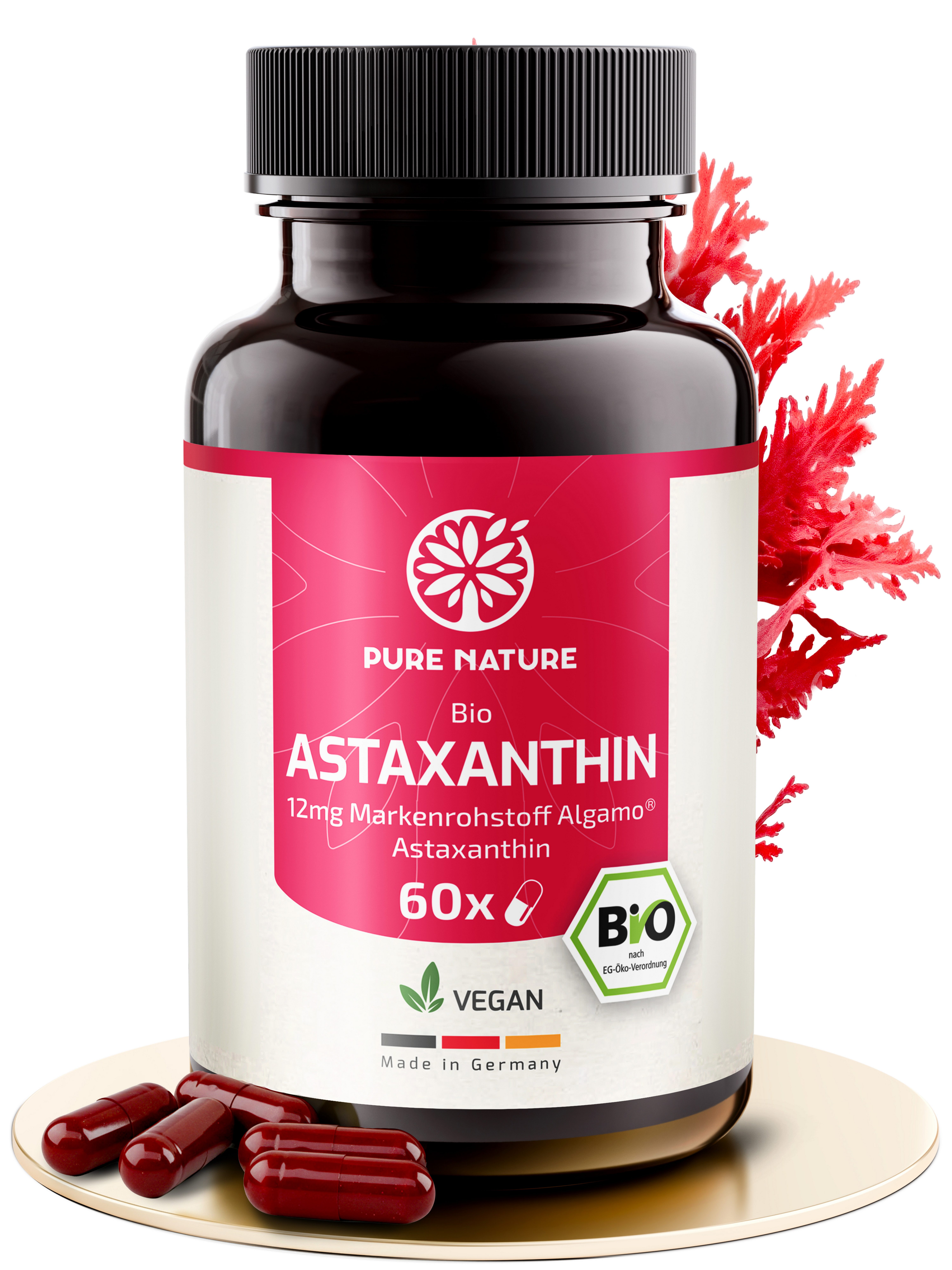 Pure Nature Astaxanthin 12 mg hochdosiert - 60 vegane Kapseln mit Bio-Olivenöl Kapseln, Packung à 36 g