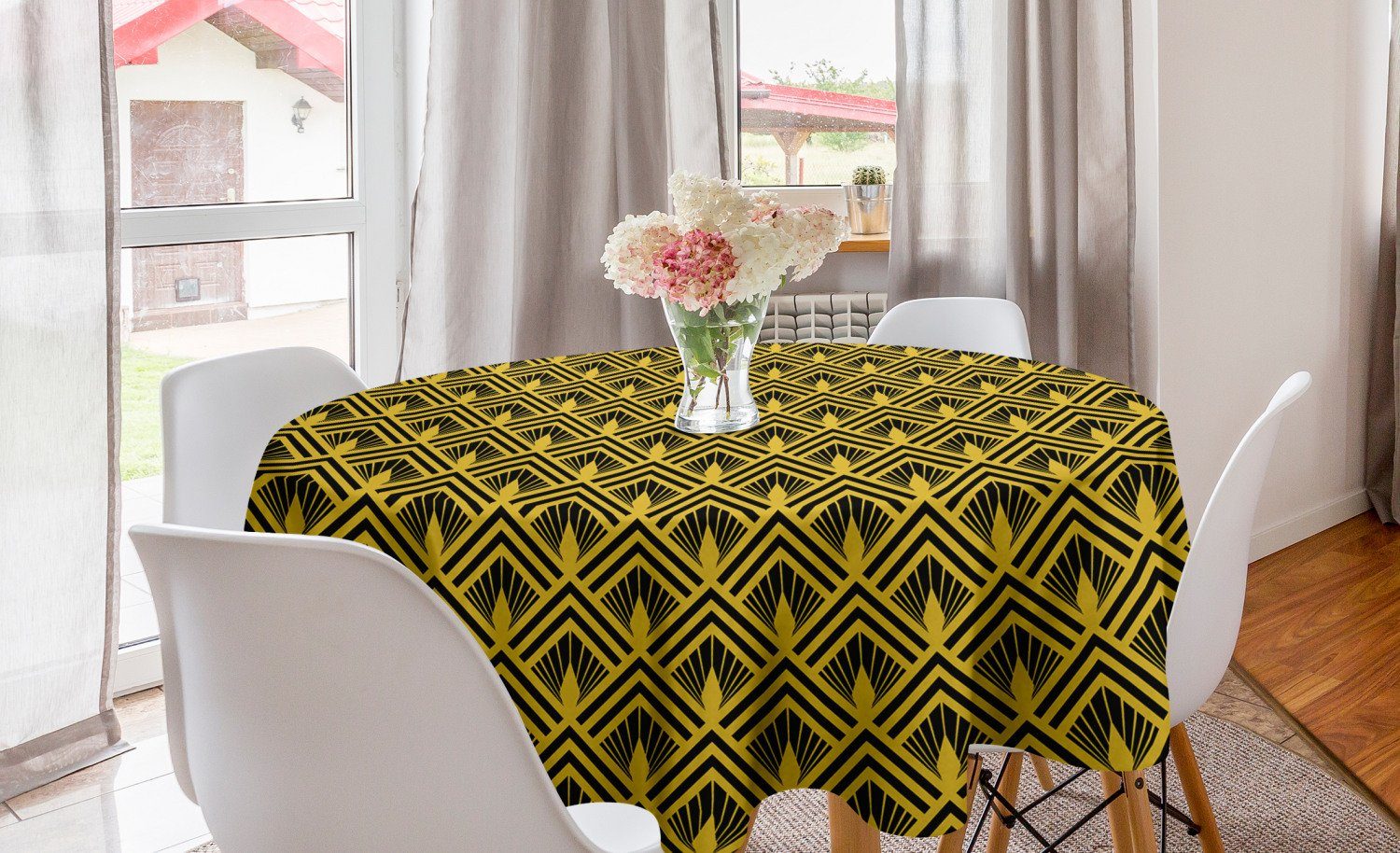 Abakuhaus Tischdecke Kreis Tischdecke Abdeckung für Esszimmer Küche Dekoration, Gelb und Schwarz Art Deco inspiriertes Design