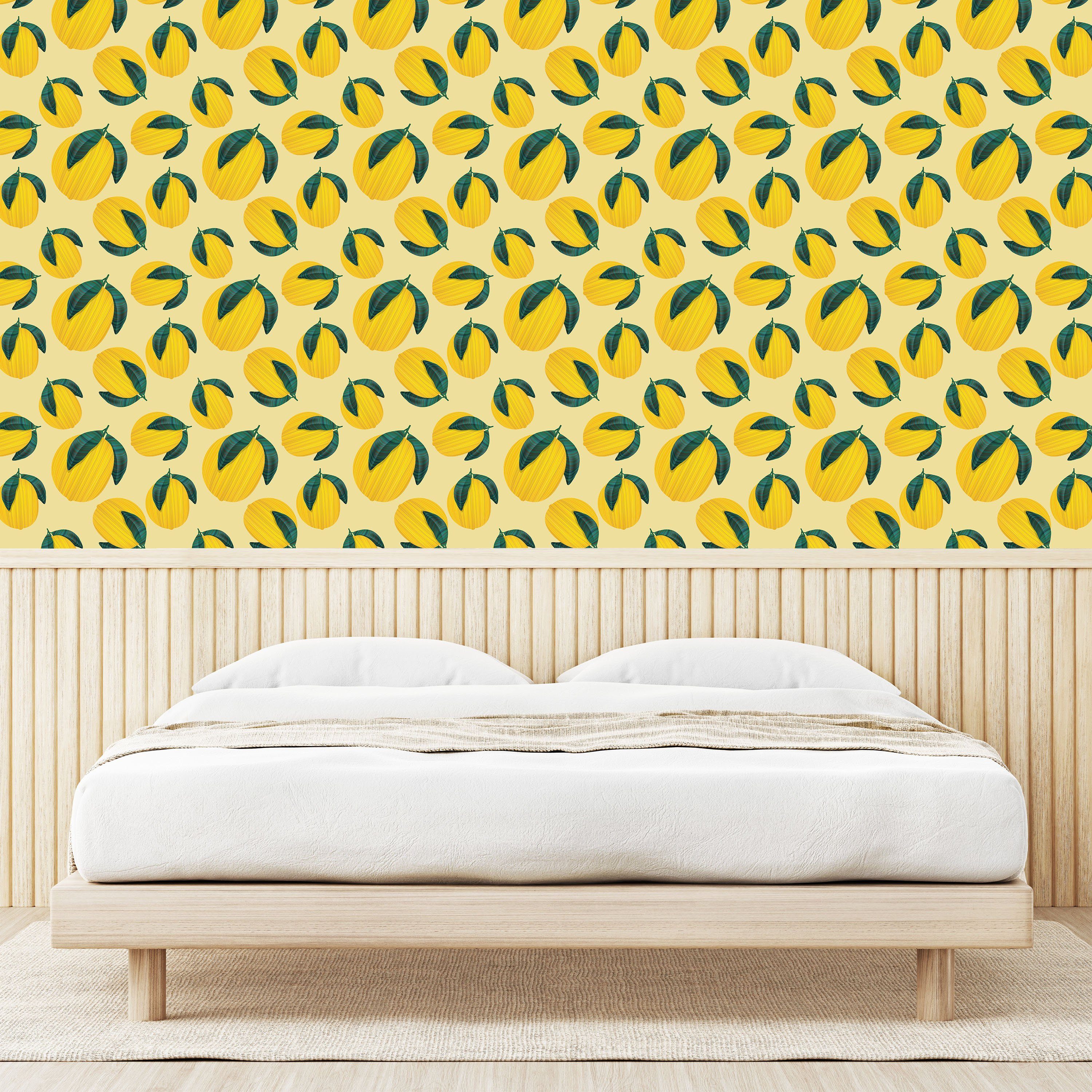 Vinyltapete Abakuhaus Grafik-Zitronen-Blätter Küchenakzent, selbstklebendes Garten-Kunst Wohnzimmer